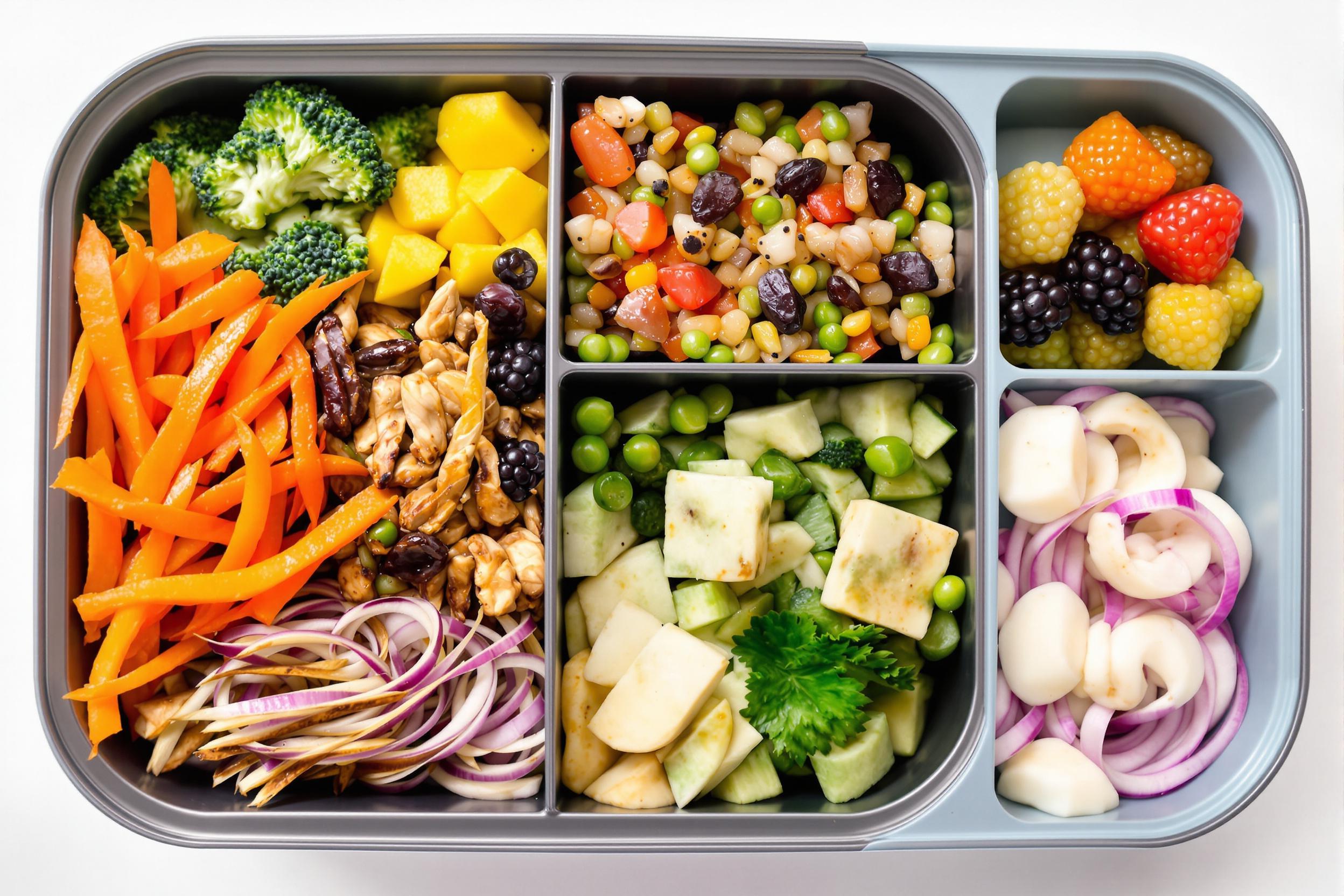 Discover the art of mindful eating with this vibrant bento box arrangement. A perfectly balanced assortment of nutrient-rich foods, artfully presented in a sleek, compartmentalized container. This image embodies portion control, meal planning, and the joy of wholesome nutrition.