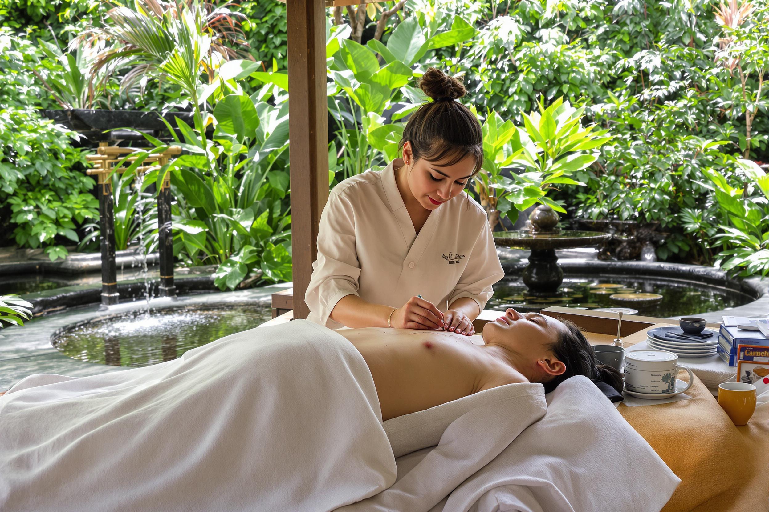 Experience the ancient art of acupuncture in a serene outdoor environment. A skilled practitioner carefully places needles on a relaxed patient, surrounded by lush greenery and soothing water features, embodying the harmony of traditional healing and nature.