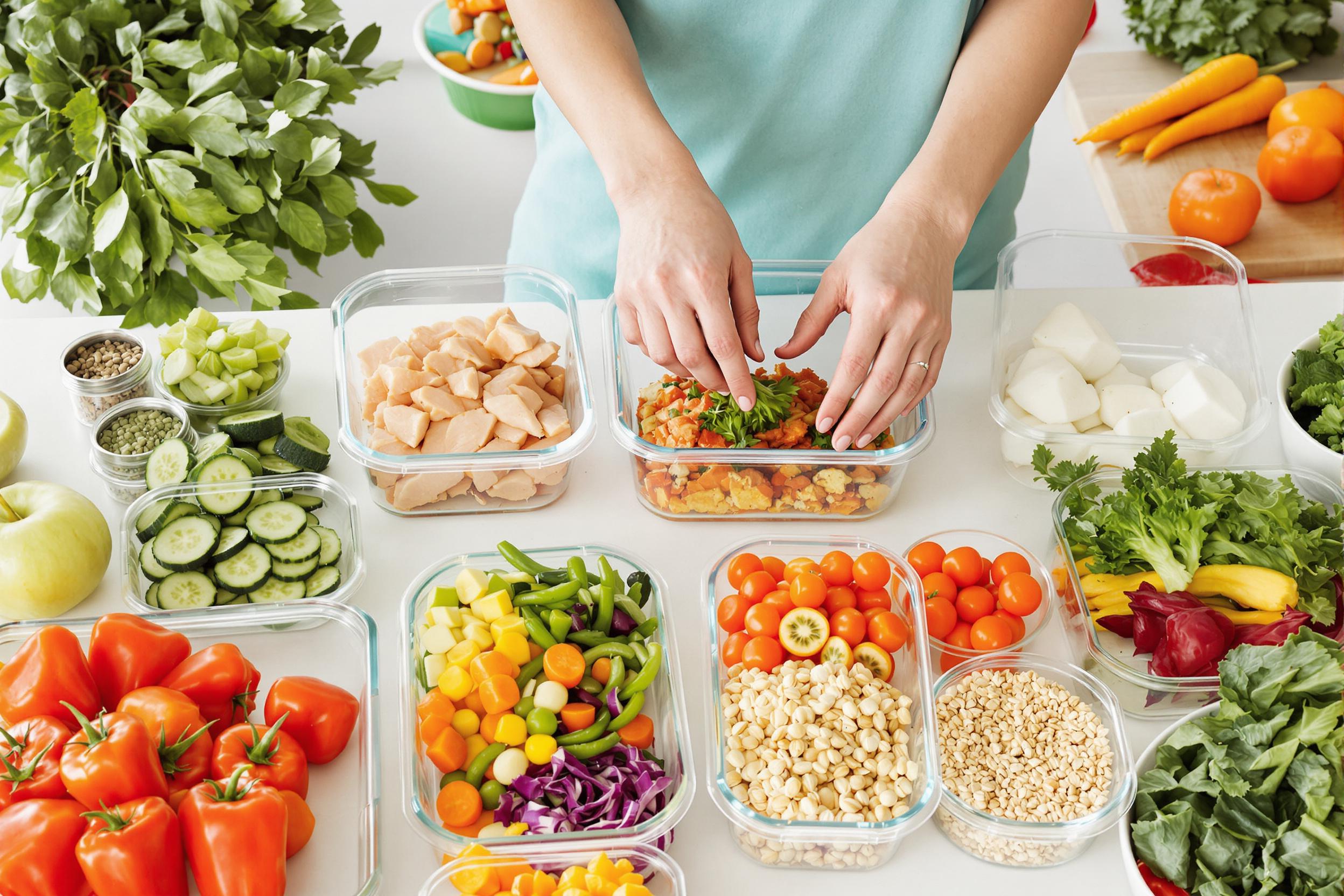 Vibrant, organized meal prep scene on a bright kitchen counter. Fresh vegetables, lean proteins, and whole grains in glass containers. Hands arranging meals, showcasing a healthy lifestyle choice.