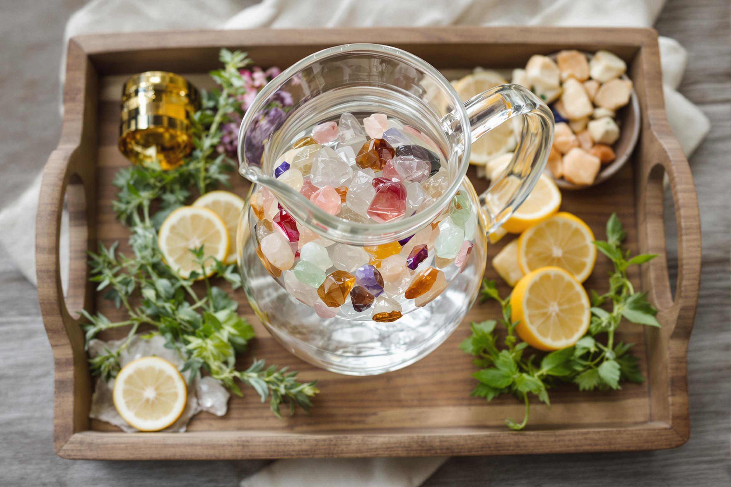 Explore the art of mindful hydration with a serene setup of crystal-infused water. A clear glass pitcher filled with water and colorful gemstones sits on a wooden tray, surrounded by fresh herbs and citrus slices, embodying wellness and intentional living.