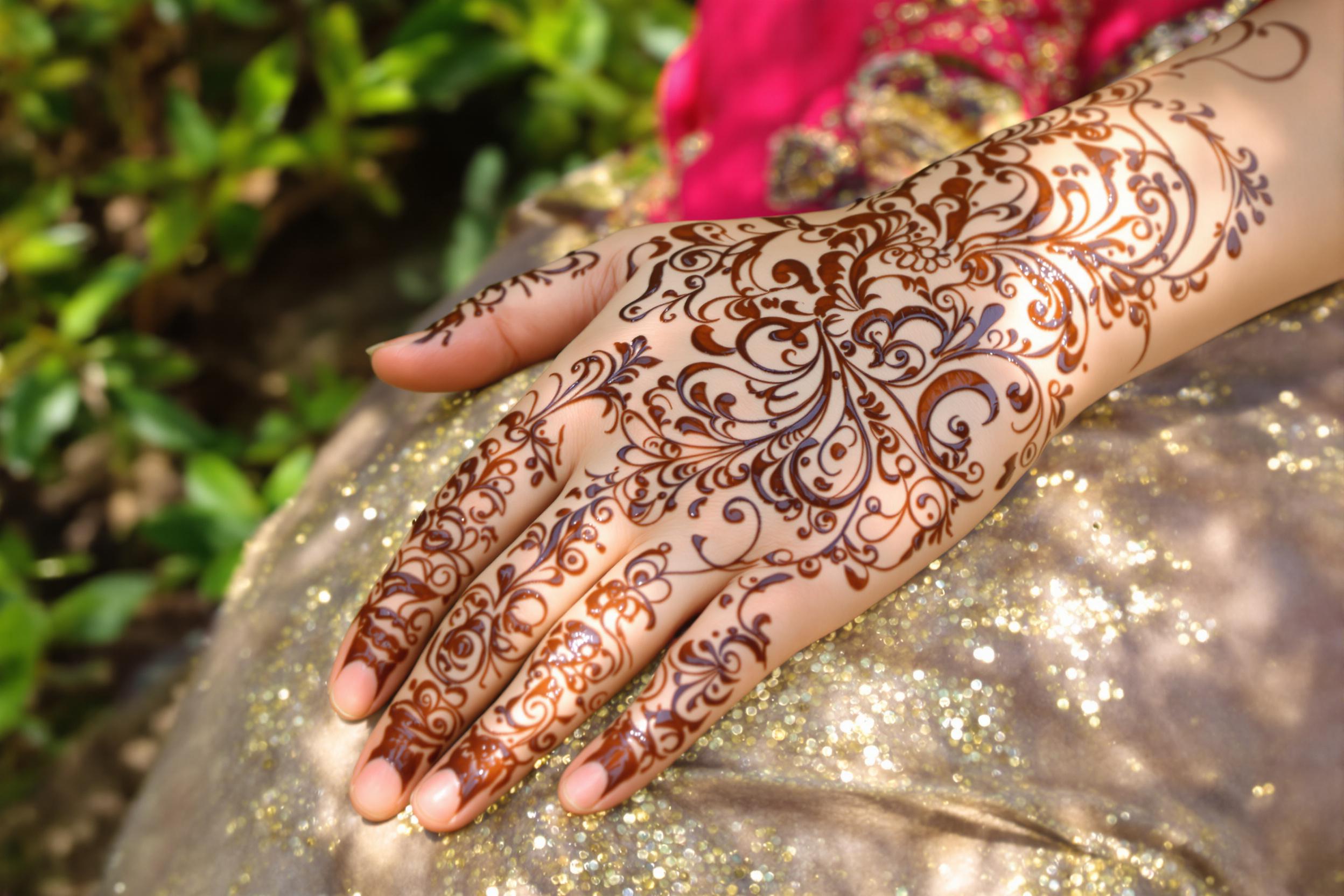 An intimate close-up captures the delicate artistry of henna designs beautifully applied to a pair of hands. Intricate patterns swirl gracefully across the skin in rich brown hues, accentuated by soft, diffused sunlight filtering through greenery. The blurred backdrop hints at an outdoor celebration, enhancing the warmth and joy of this festive moment.