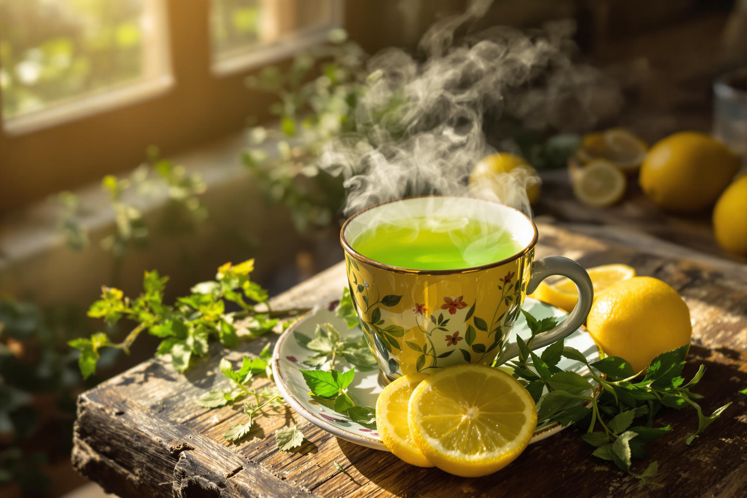 A close-up captures a steaming cup of herbal tea perched on a rustic wooden table. The vibrant green liquid swirls gently beneath a delicate layer of steam, while an assortment of fresh herbs and lemon slices accompany it. Soft sunlight filters through a nearby window, creating warm highlights and deep shadows, evoking a serene and inviting atmosphere.