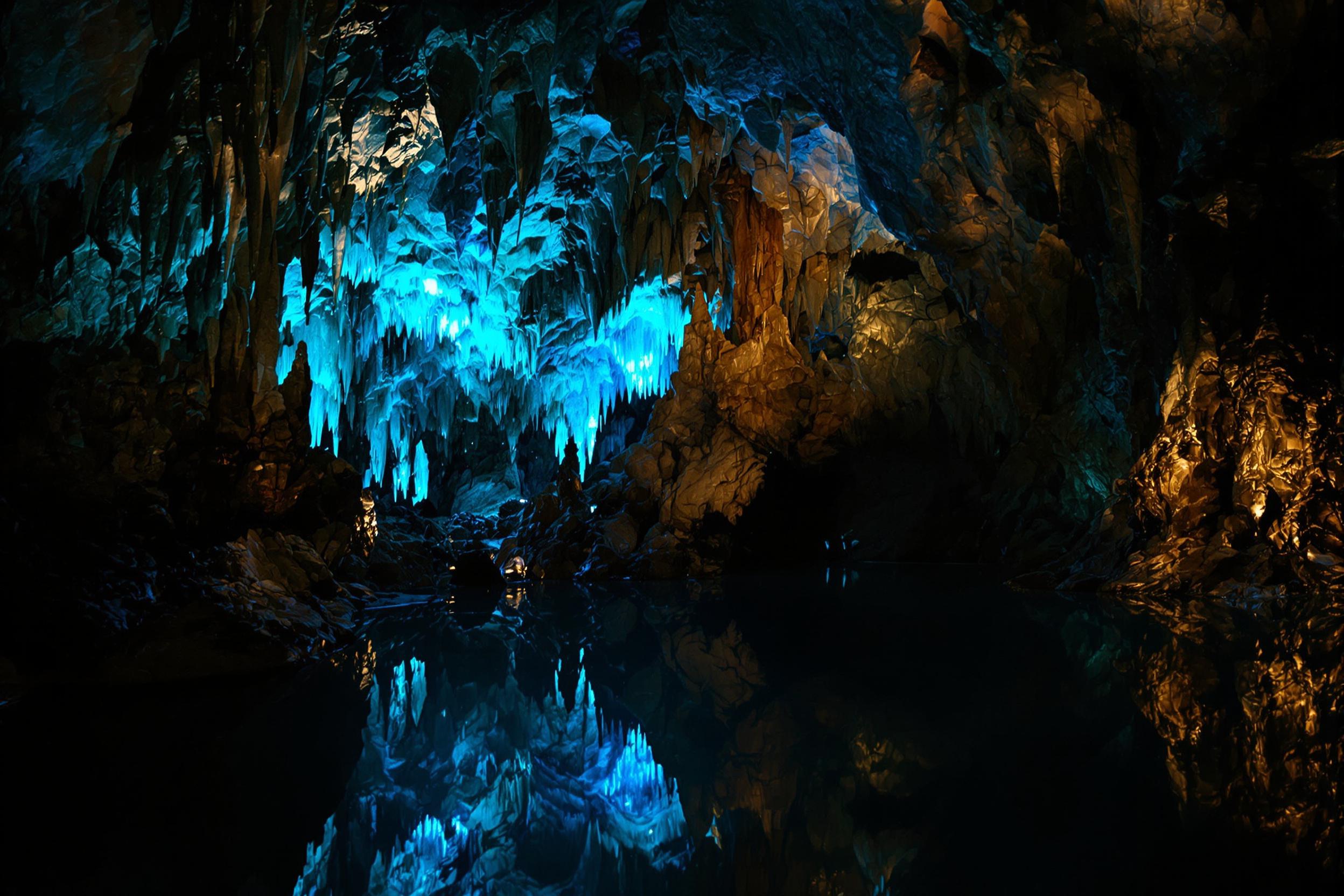 Deep in a hidden cavern, bioluminescent crystals cast a surreal azure light across jagged walls, creating shimmering reflections on a still pool. Stalagmites and stalactites frame the scene, their earthy tones contrasting against the glowing crystalline formations. Layers of shadowed pathways fade into the background's mysterious depths.