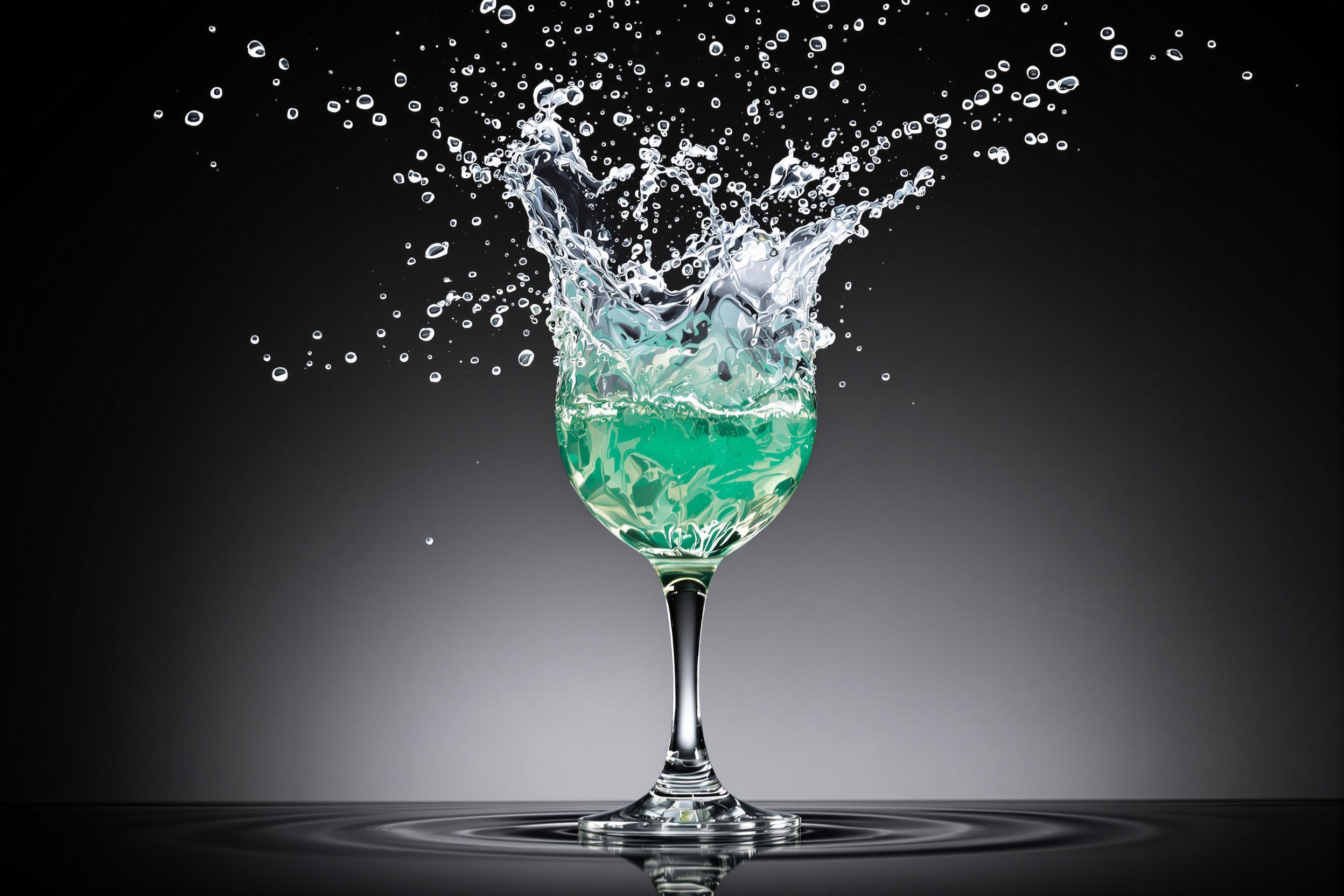 Using high-speed photography, a crystal-clear cocktail glass catches the explosion of liquid mid-splash. The vivid turquoise drink forms dynamic arcs and frozen droplets, suspended against a stark dark-gray studio backdrop. Sparkling highlights dance across the rippled water surface, showcasing the power of altered motion in exquisite detail.