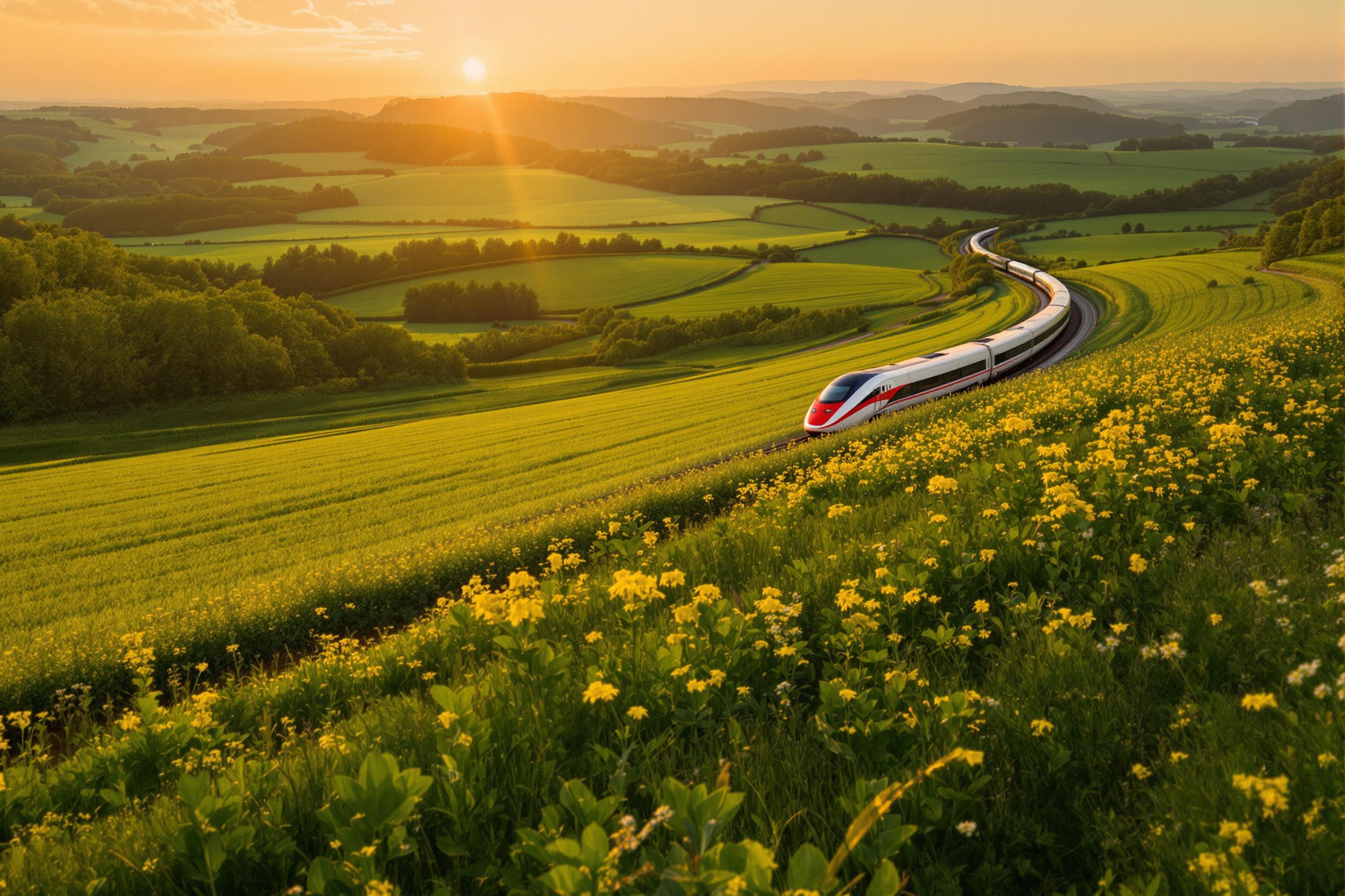 A high-speed train races through lush countryside, its sleek body blurred in motion against vibrant green fields under the warm glow of an early evening sunset. Forests and undulating hills frame the horizon while golden light casts long shadows across patches of wildflowers swaying in the gentle breeze.