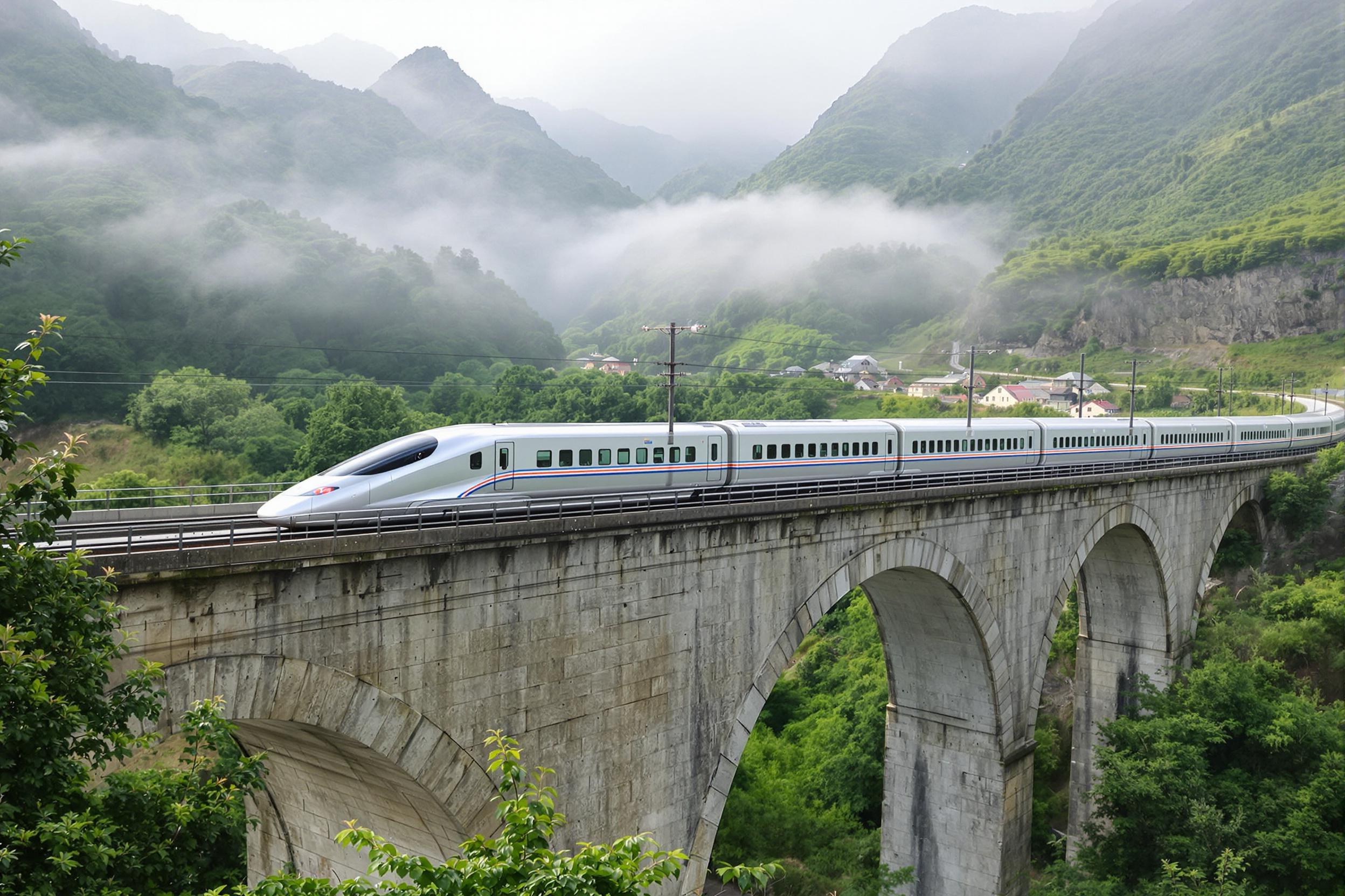 A high-speed train zips across an arched concrete bridge amid a foggy valley. The silvery metal exterior gleams amidst the soft morning glow, while the blurred greenery in the background conveys speed. Gentle diffused light highlights smooth textures of the sleek train, framed by layered hills vanishing into mist.