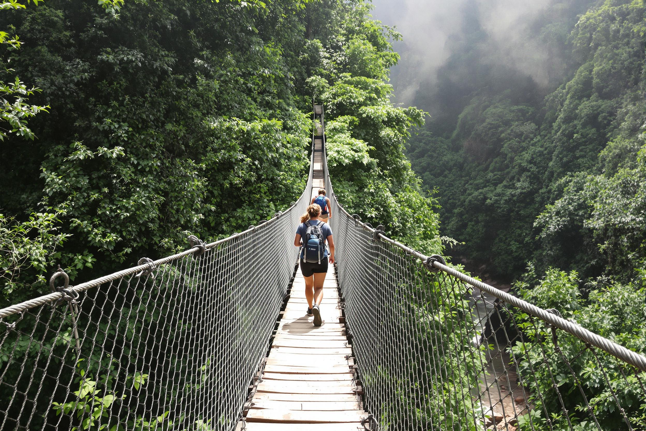 Two hikers traverse a narrow wooden suspension bridge strung across a lush jungle canyon. Verdant foliage flanks both sides, with glimpses of the deep ravine below. Filtered late-afternoon sunlight casts dappled shades on the weathered planks, while faint mist rises in the distance, softening the jagged outlines of the canopy.