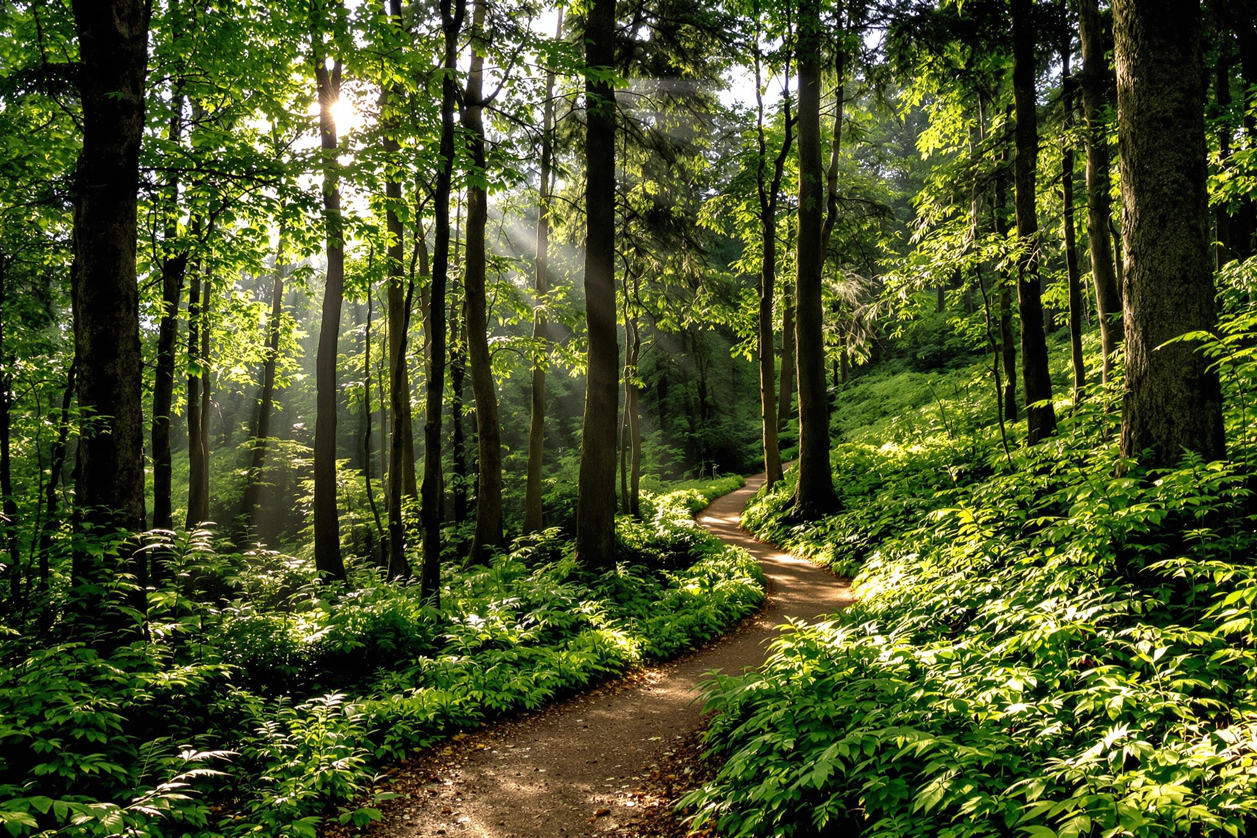 A scenic hiking trail serpents through a lush green forest, framed by towering trees. Late afternoon sunlight filters through the dense canopy overhead, creating patches of warmth that dance on the forest floor. The winding path, surrounded by ferns and wildflowers, invites exploration and adventure amid nature's splendor.