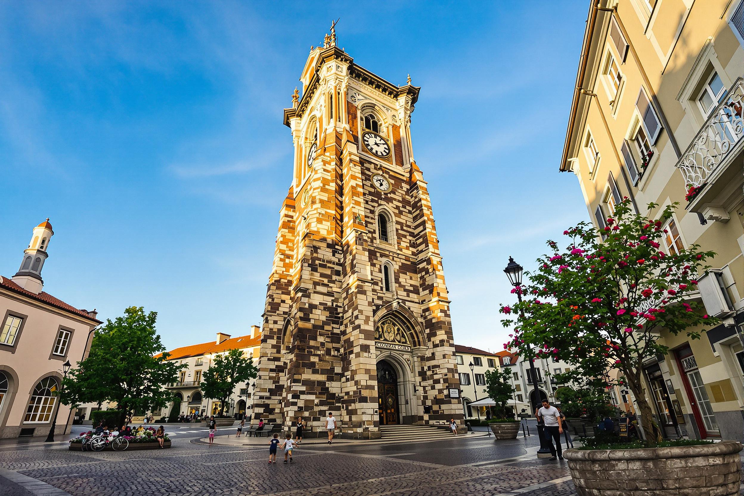 A historic clocktower dominates the quaint town square, its intricate stonework bathed in soft golden sunlight during late afternoon. The clock face gleams, framed by ornate arches, while vibrant flowers in nearby planters bring color to the cobblestone path. Children play under the tower's shadow, adding life to this picturesque scene.