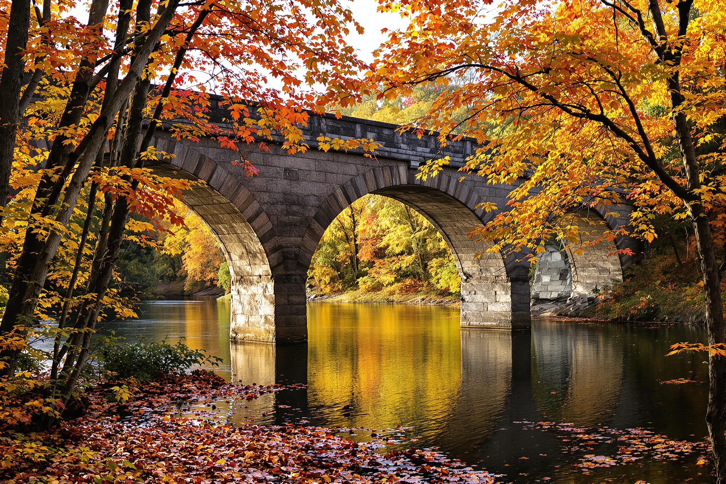 A majestic historic stone bridge arches gracefully over a serene river, framed by stunning autumn foliage in rich hues of gold, orange, and crimson. Soft midday light bathes the scene, enhancing the warm, vibrant colors that reflect on the water's surface. Towering trees surround the bridge, their branches providing a natural frame that invites exploration of this peaceful landscape.