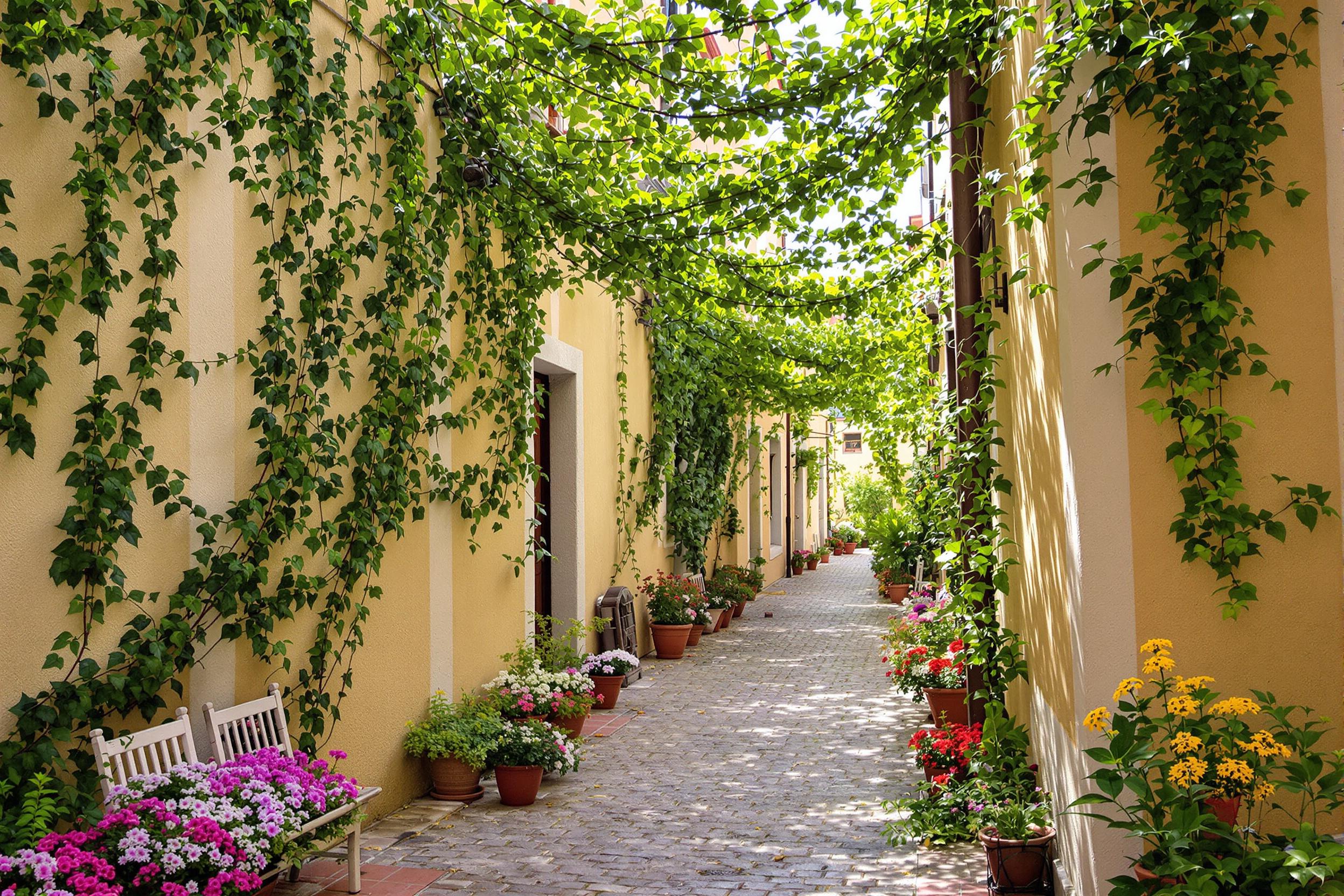 Vibrant potted plants and trailing vines line a quaint, narrow cobblestone alley in a historic European town. Weathered building facades in beige and soft pastels frame the intimate path. Sunlight filters gently through overhead strings of ivy, casting scattered shadows across textured stones.