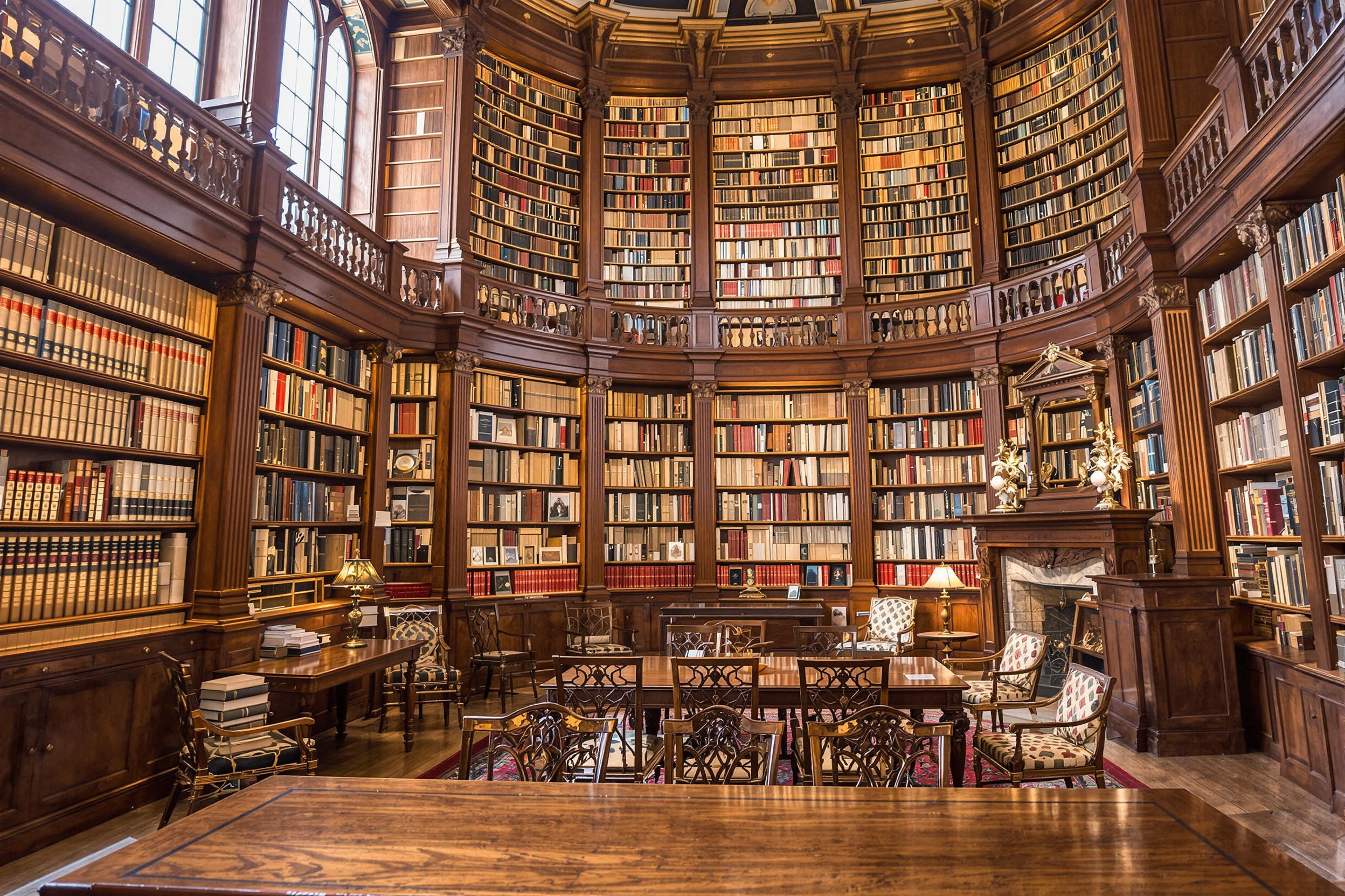 The grand reading room of a historic library exudes timeless elegance. Majestic wooden shelves laden with leather-bound books climb toward the ceiling, while soft, filtered sunlight streams through tall, arched windows. A polished walnut table, flanked by intricately carved chairs, invites quiet study amid a serene atmosphere enriched by the scent of aged paper and polished wood.