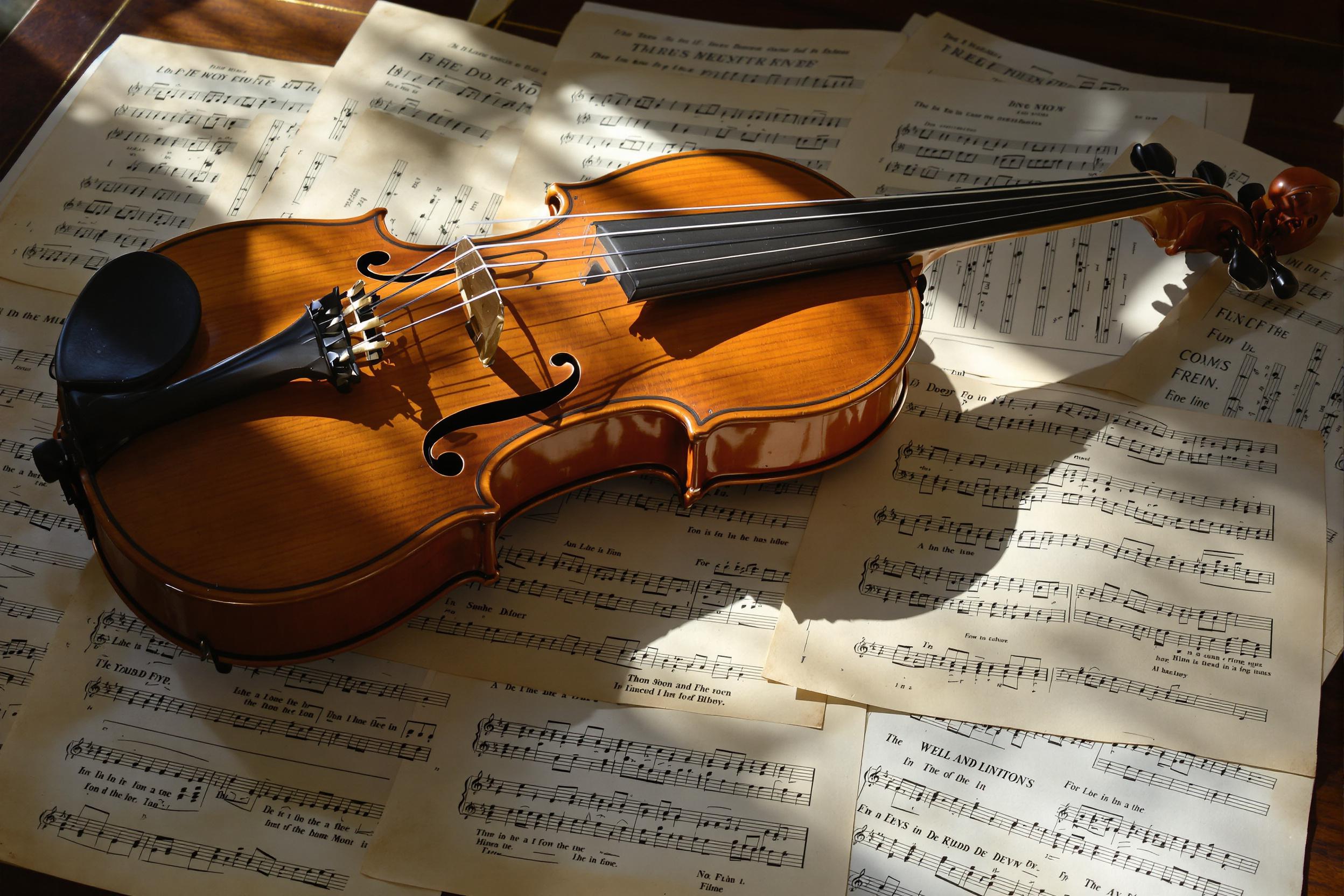 A historical violin lies gracefully on aged sheet music atop an antique table. Soft, diffused sunlight streams in, highlighting the instrument’s polished wood finish with subtle wear marks. Surrounding shadows emphasize its contours while faded musical notes frame the scene, evoking a quiet, nostalgic atmosphere.