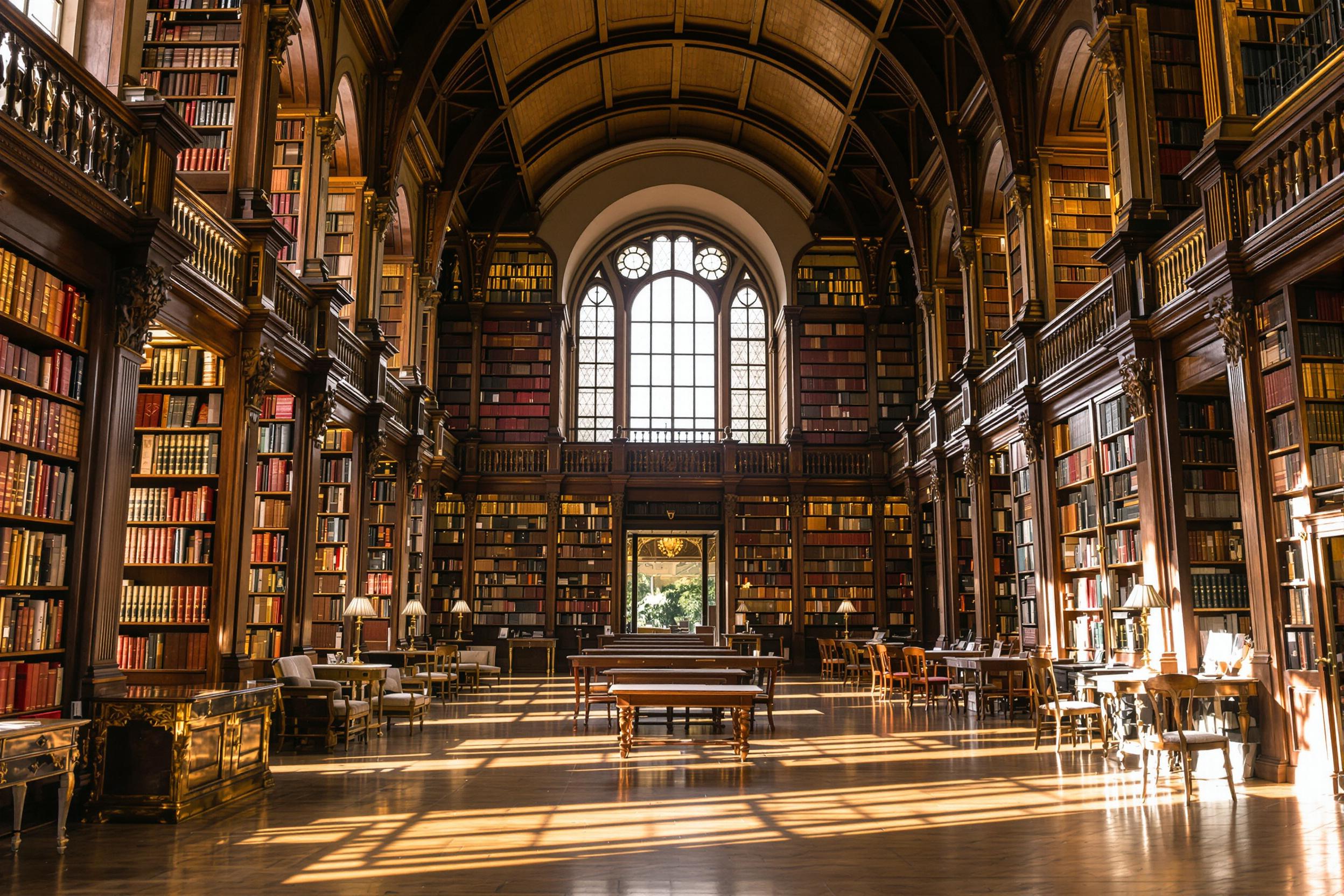 An expansive historical library features towering bookshelves filled with leather-bound volumes. Warm afternoon light streams through large arched windows, illuminating intricate woodwork and casting soft shadows across polished wooden floors. Cozy reading nooks invite visitors to immerse themselves in literature amidst this serene environment.