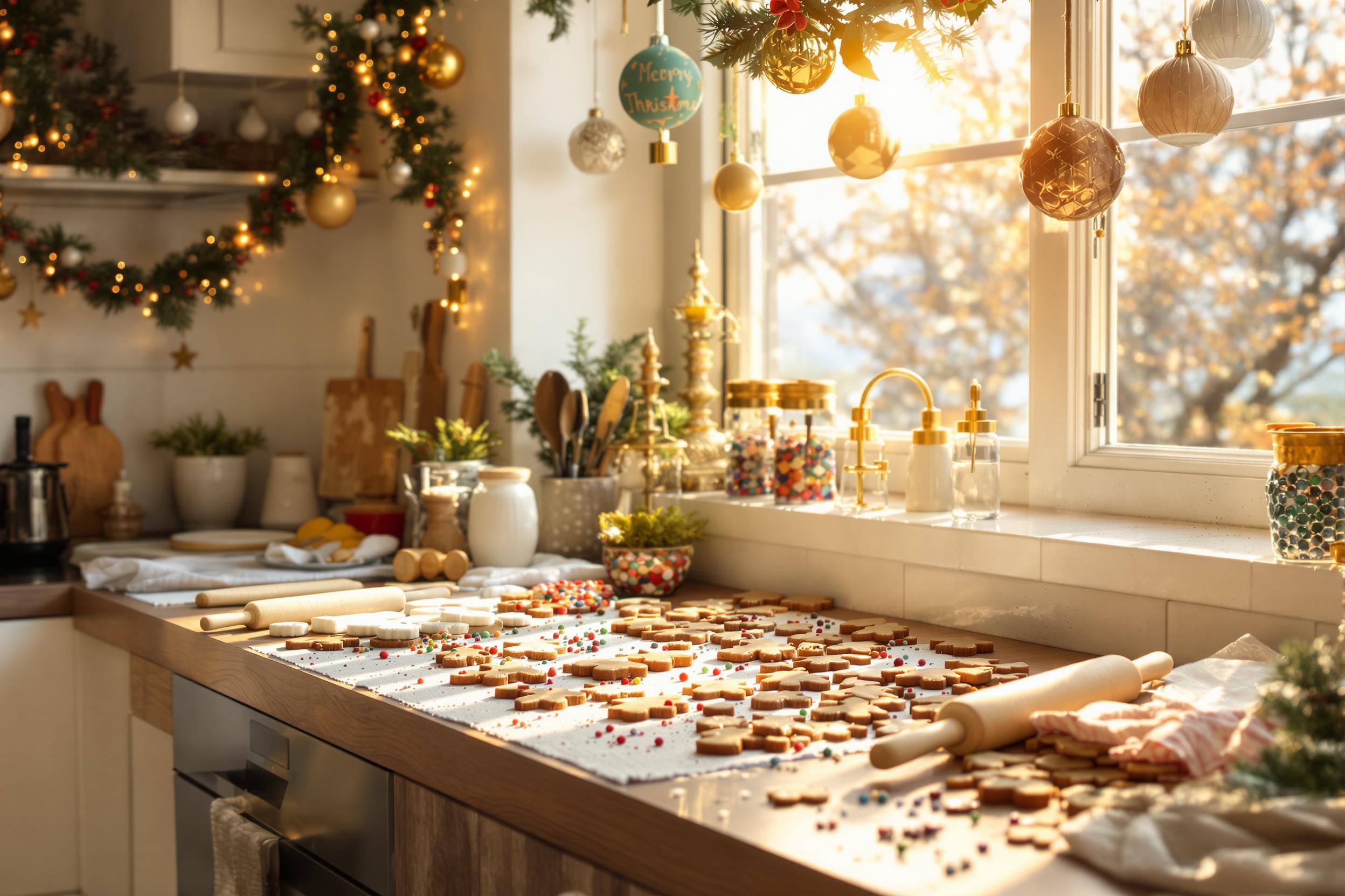 A cozy kitchen radiates warmth during the holiday season. On a wooden countertop, a collection of festive treats—gingerbread cookies, colorful sprinkles, and rolling pins—evoke a sense of togetherness. Soft golden light streams in from a nearby window, illuminating the cheerful decor of garlands and ornaments hanging above. Faint shadows dance across the walls, adding depth to this inviting culinary scene.