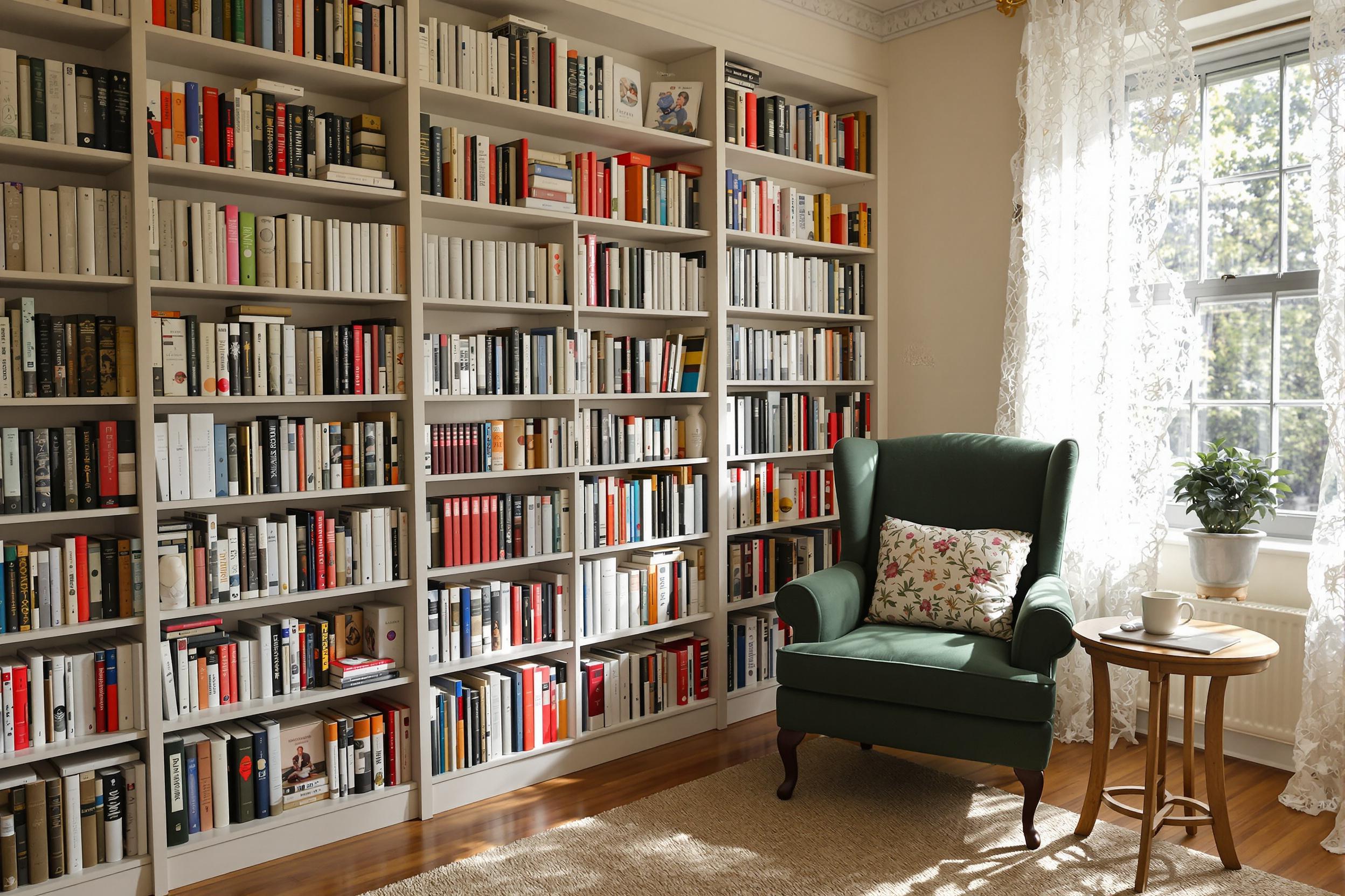 A charming home library nook brims with character. Lined bookshelves filled with diverse titles stretch along one wall. A plush armchair, upholstered in deep green fabric, sits adjacent to a small wooden side table holding a steaming mug and a bookmark. Soft afternoon light filters through lace curtains, casting gentle patterns across the room. A woven rug adds warmth underfoot, enhancing the inviting atmosphere perfect for reading.