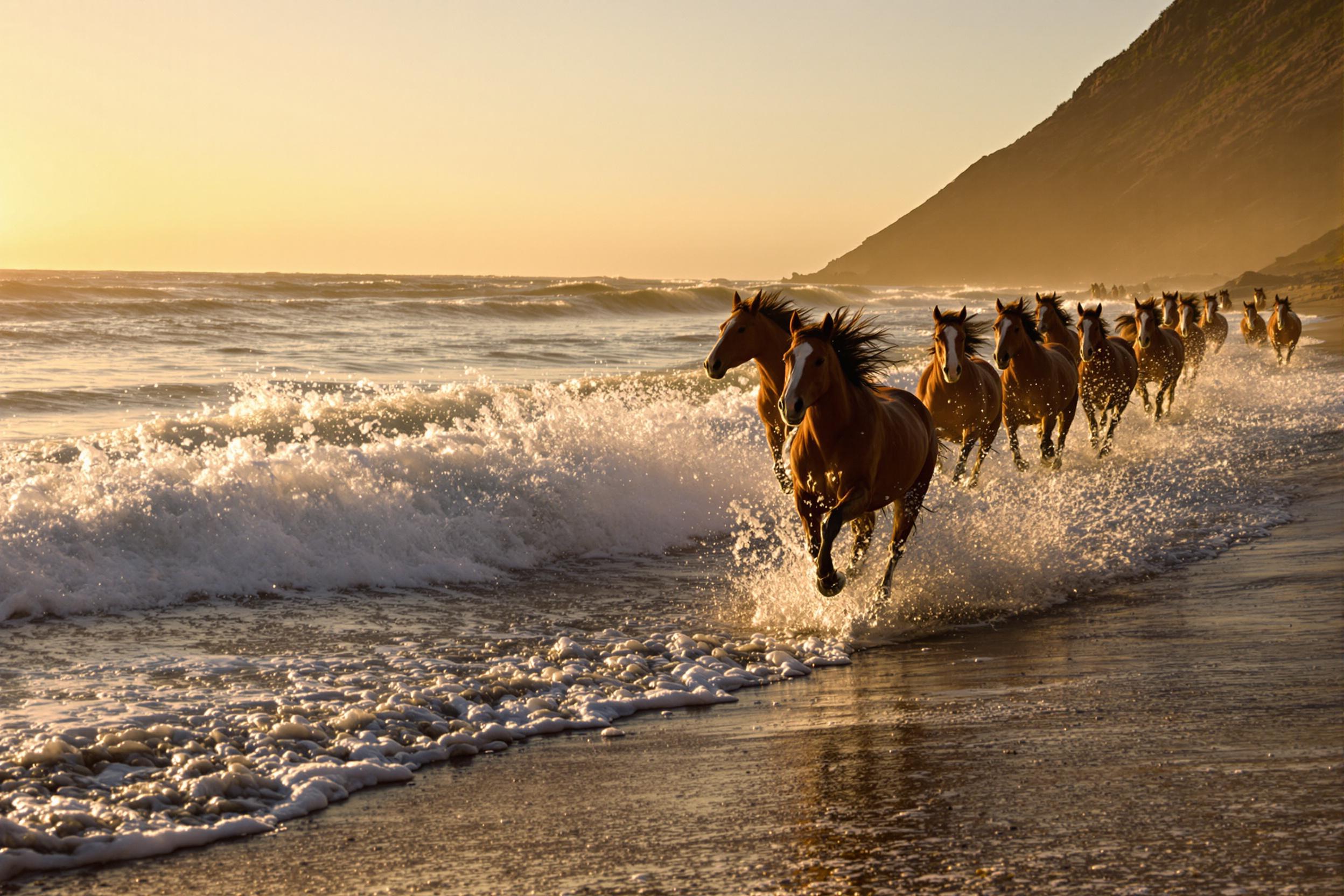 A group of wild horses gallop along a deserted beach at sunset. Their muscular forms are accentuated by the glow of golden light, casting long shadows on wet sand. Water sprays dramatically as they charge through shallow waves, blending fluid movement with raw power. Amber skies reflect soft hues on the rippling ocean backdrop.