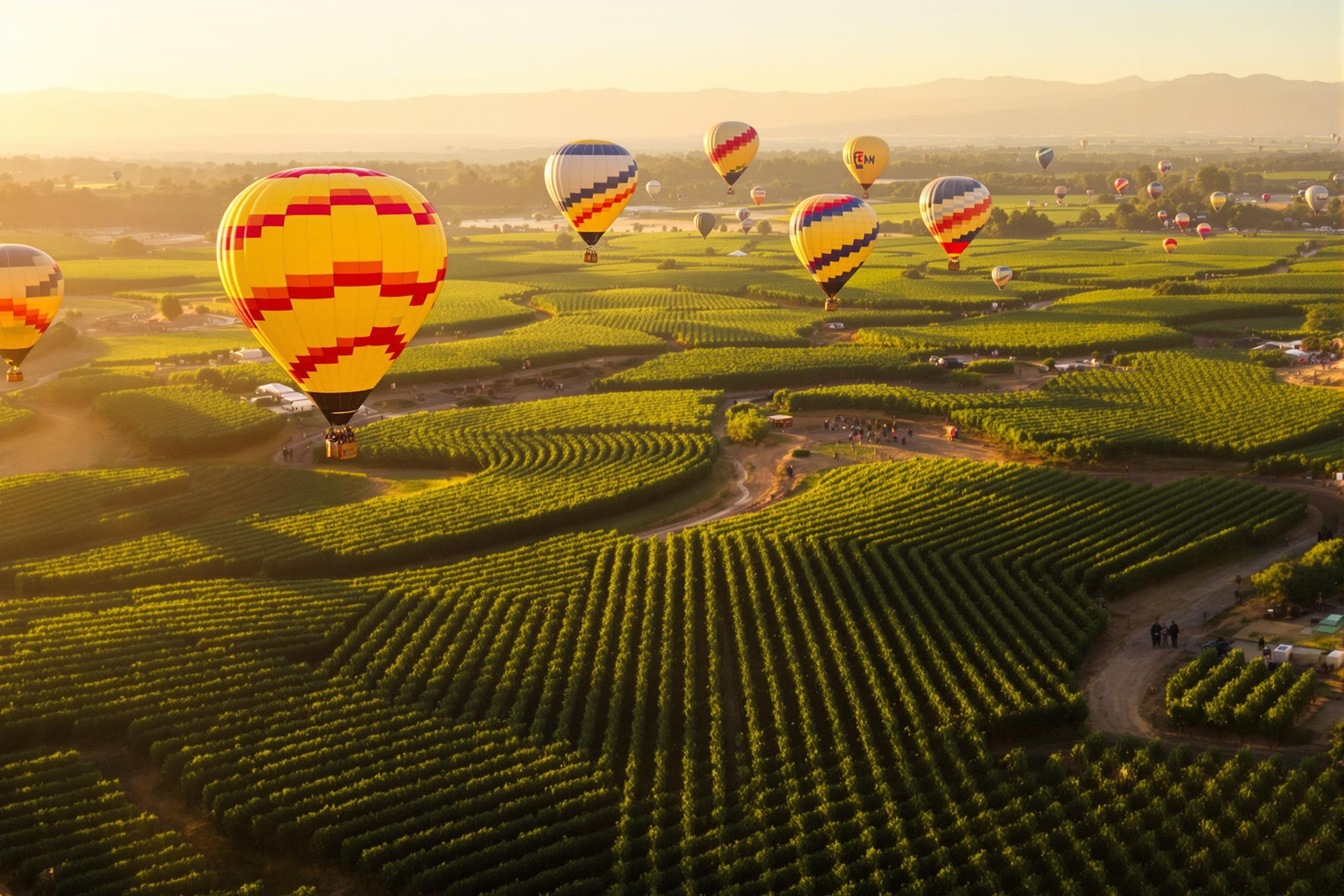 Colorful hot air balloons gently rise above expansive vineyards during sunrise. The vibrant reds, yellows, and blues of the balloons contrast vividly against the lush green vines below. Long shadows stretch across the curving vineyard rows, while distant hazy mountains frame the serene landscape bathed in warm, diffused light.