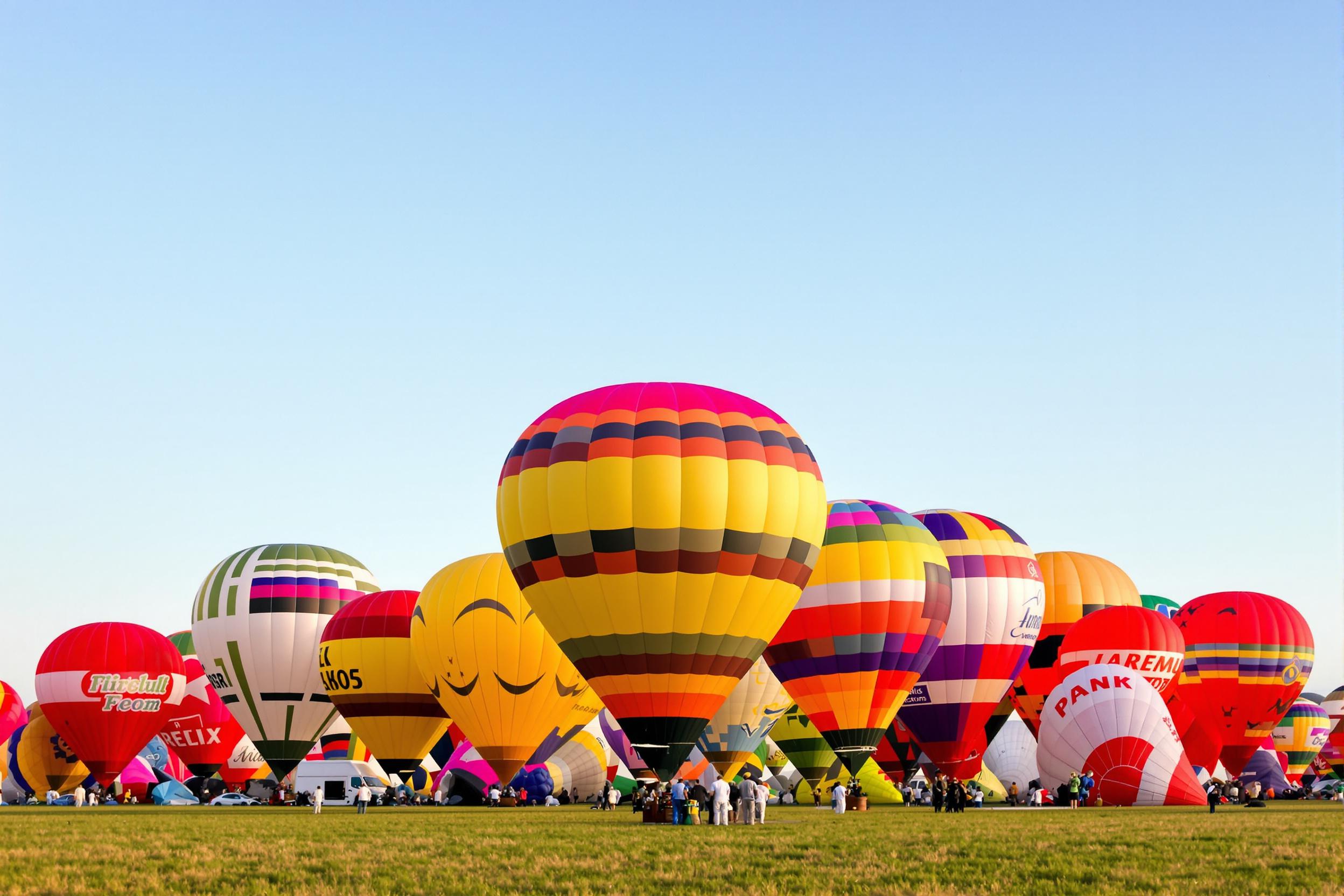 A colorful array of hot air balloons fills an open field, ready for flight. Against a backdrop of a clear blue sky, hues of red, yellow, green, and purple create a vibrant spectacle. The ground is adorned with lush grass, while crew members can be seen preparing for ascent amidst the joyful scene.