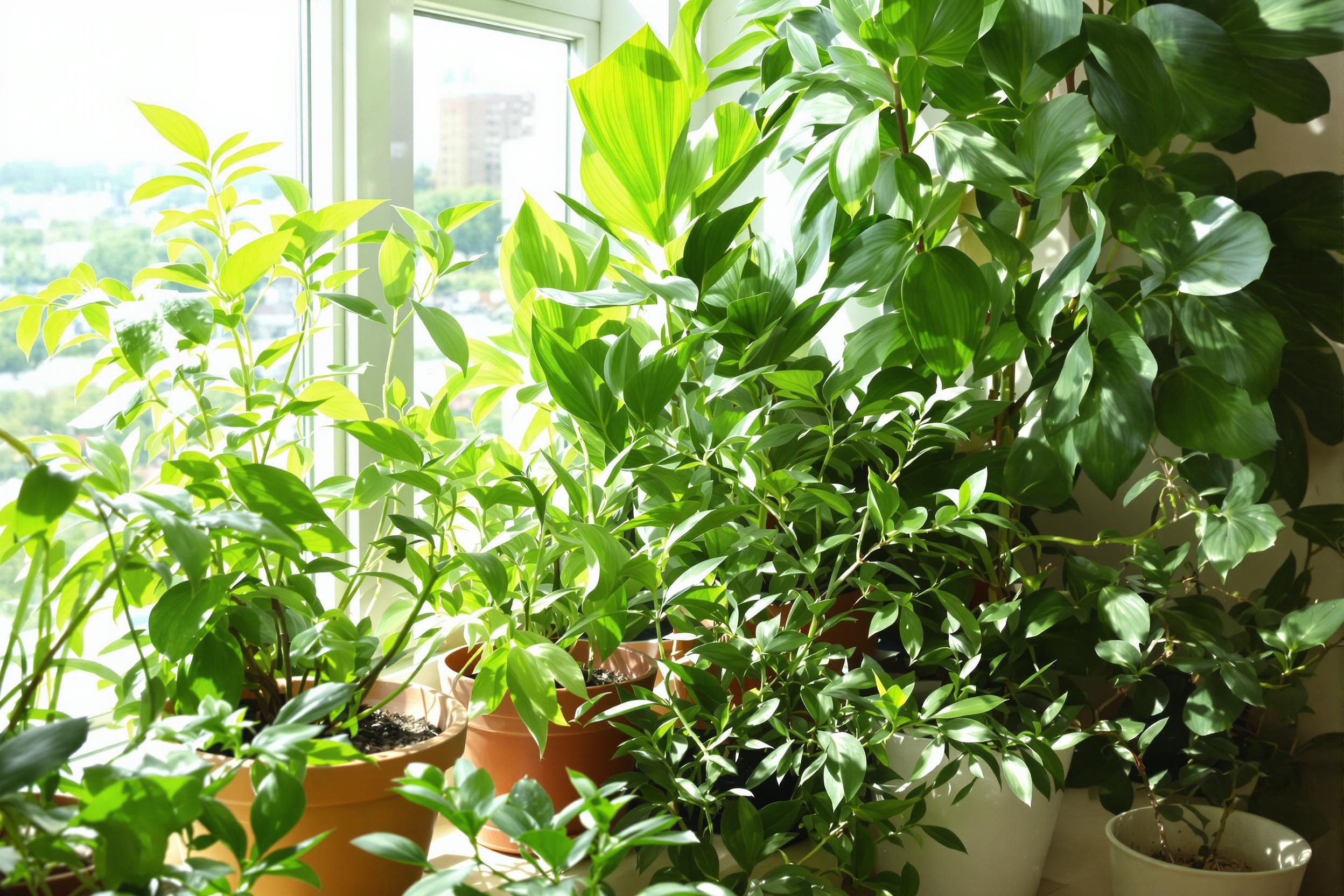 A vibrant arrangement of diverse houseplants fills a sunlit windowsill. Lush green leaves of various shapes and sizes create a layered effect, while sunlight pours through the glass, casting delicate shadows. Pots in earthy tones add visual interest, enhanced by the gentle out-of-focus hints of a cityscape outside, creating a lively yet tranquil indoor scene.