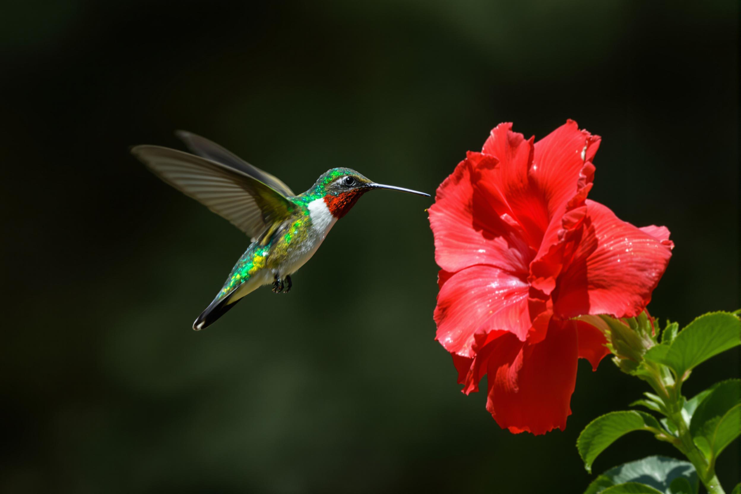 A ruby-throated hummingbird hovers mid-air near a vibrant red trumpet-shaped flower. Its iridescent green feathers shimmer as the delicate wings are captured in crystal-clear detail during rapid motion. A softly blurred forested background creates contrast, emphasizing the bird's vivid beauty.