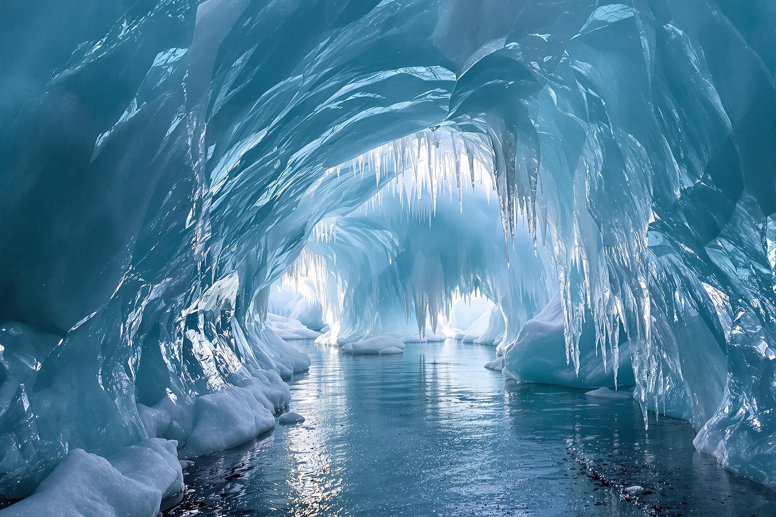 Within a remote arctic ice cave, curved translucent walls shimmer in shades of icy blue under soft, natural diffused daylight streaming through surface fissures. Spindly, jagged icicles hang from the cavern’s ceiling, catching fleeting highlights. A frozen stream lies visible on the cave floor, its glossy surface mirroring frosty textures overhead.