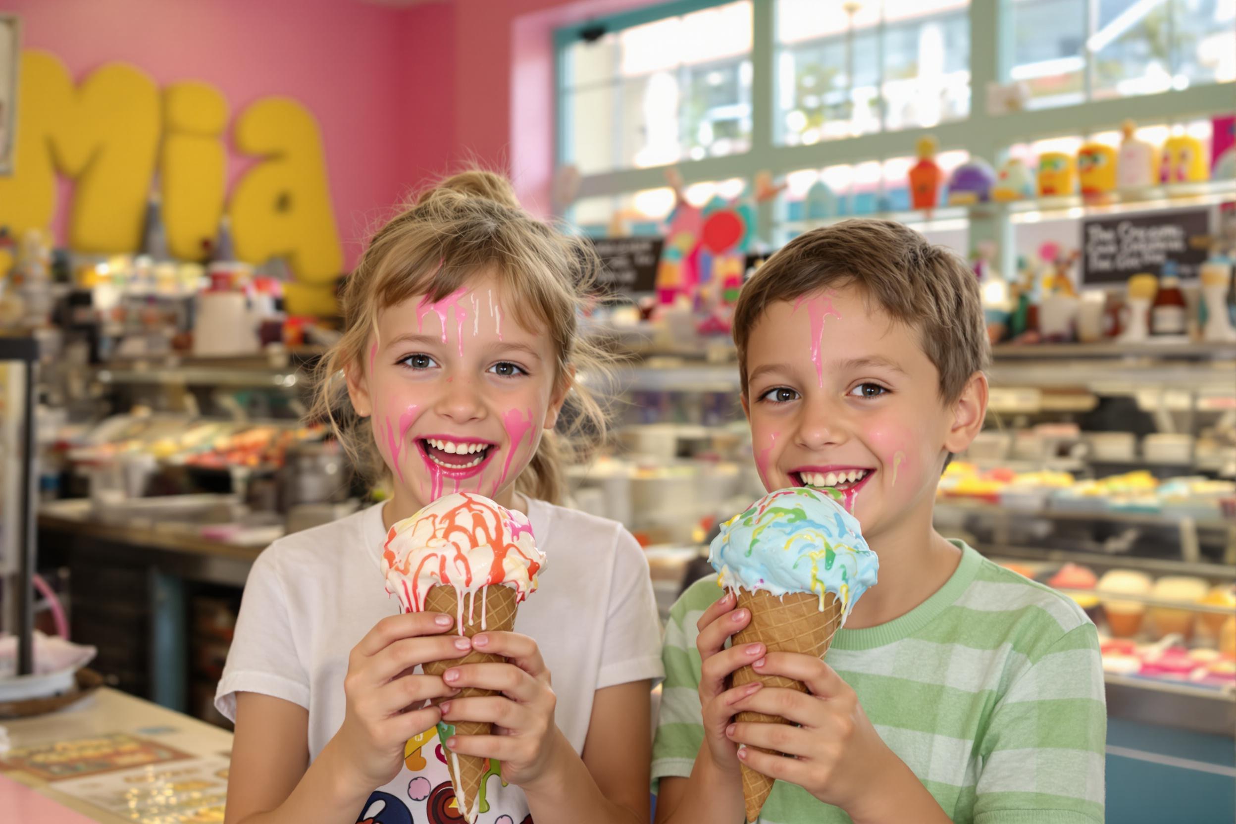 Inside a vibrant ice cream shop, two cheerful children delight in their colorful cones. Sunlight pours through the large windows, illuminating their joyful faces adorned with drips of melting ice cream. The shop's walls are painted in playful pastels, filled with various ice cream flavors displayed prominently behind the counter, creating an inviting atmosphere for families.