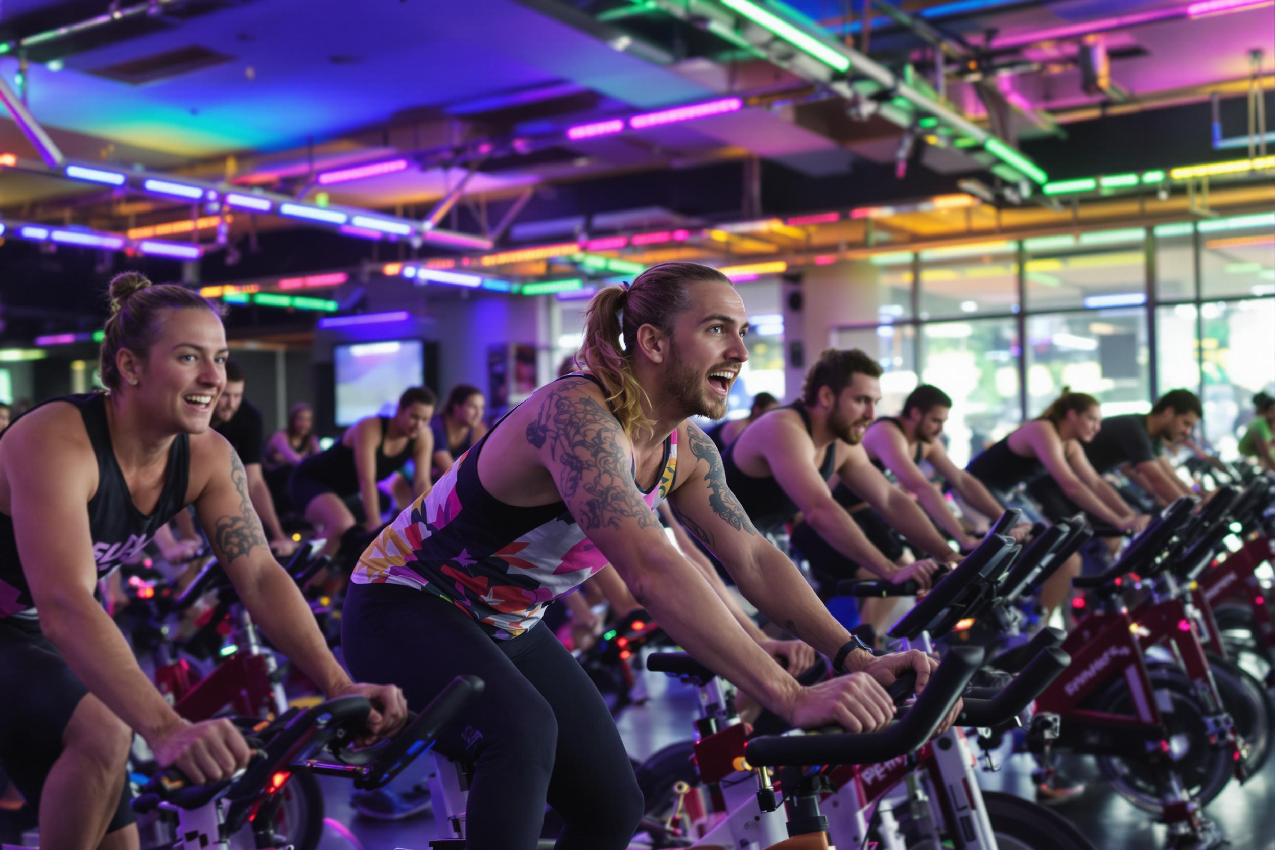 An electric atmosphere fills an indoor cycling studio where a group of enthusiastic participants pedals furiously on exercise bikes. The late morning light mixes with vivid neon hues from overhead lights, enhancing the vibrant energy in the room. The instructor at the front inspires teamwork, as focused faces reflect determination and excitement.