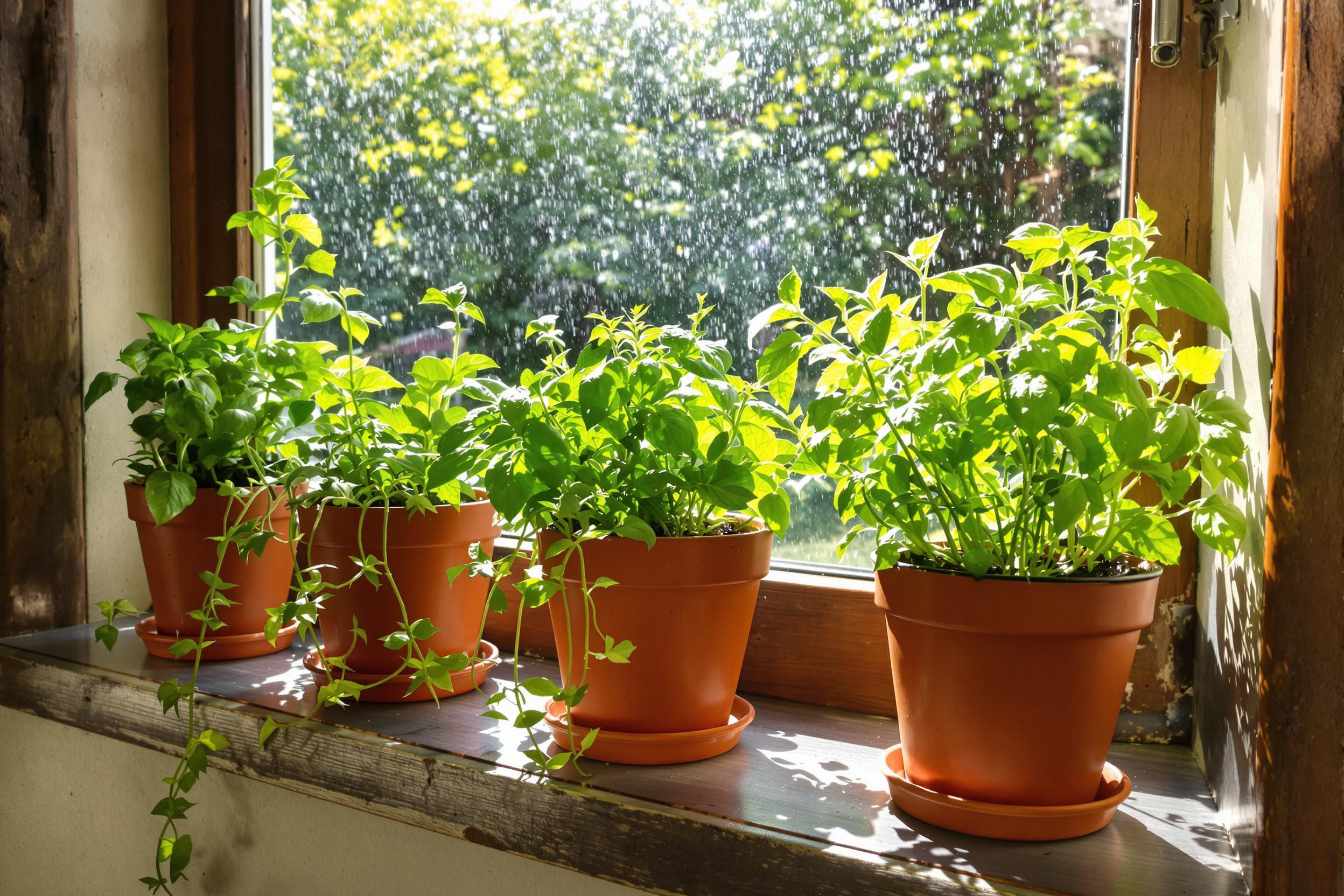 A vibrant indoor herb garden flourishes on a sunny kitchen windowsill. Fresh basil, mint, and thyme thrive in terracotta pots, highlighted by bright midday sunlight. The lush greenery contrasts beautifully with the worn wooden window sill, while drops of water glisten on the leaves. The inviting atmosphere suggests a love for cooking and nature within the home.