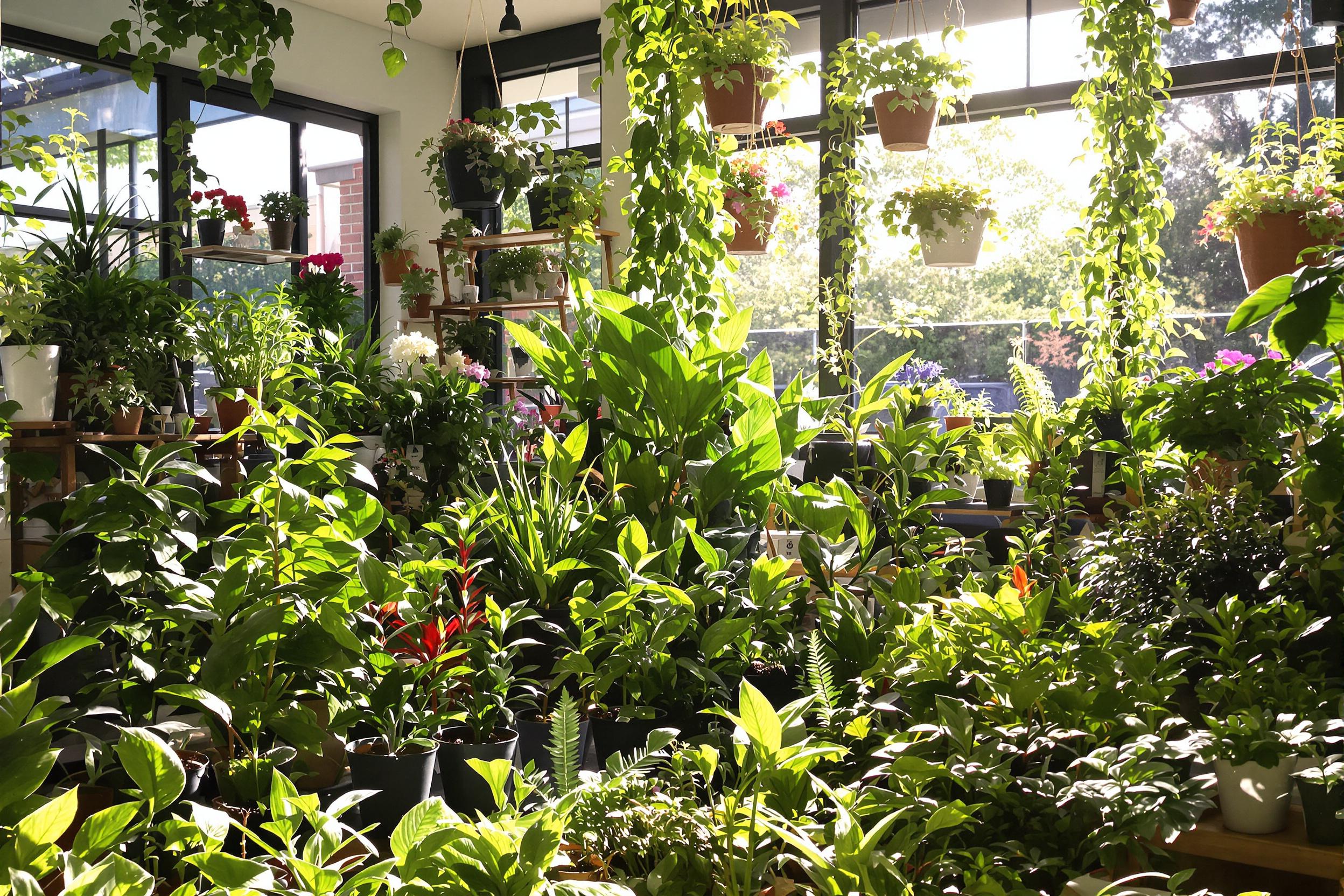 A cozy indoor plant shop radiates warmth as late afternoon sunlight filters through expansive windows. Vibrant green plants of varied sizes fill the space, creating a lush atmosphere. Small pots overflow with succulents, ferns, and flowering species, while wooden shelves display hanging planters. The inviting environment encourages exploration and tranquility.