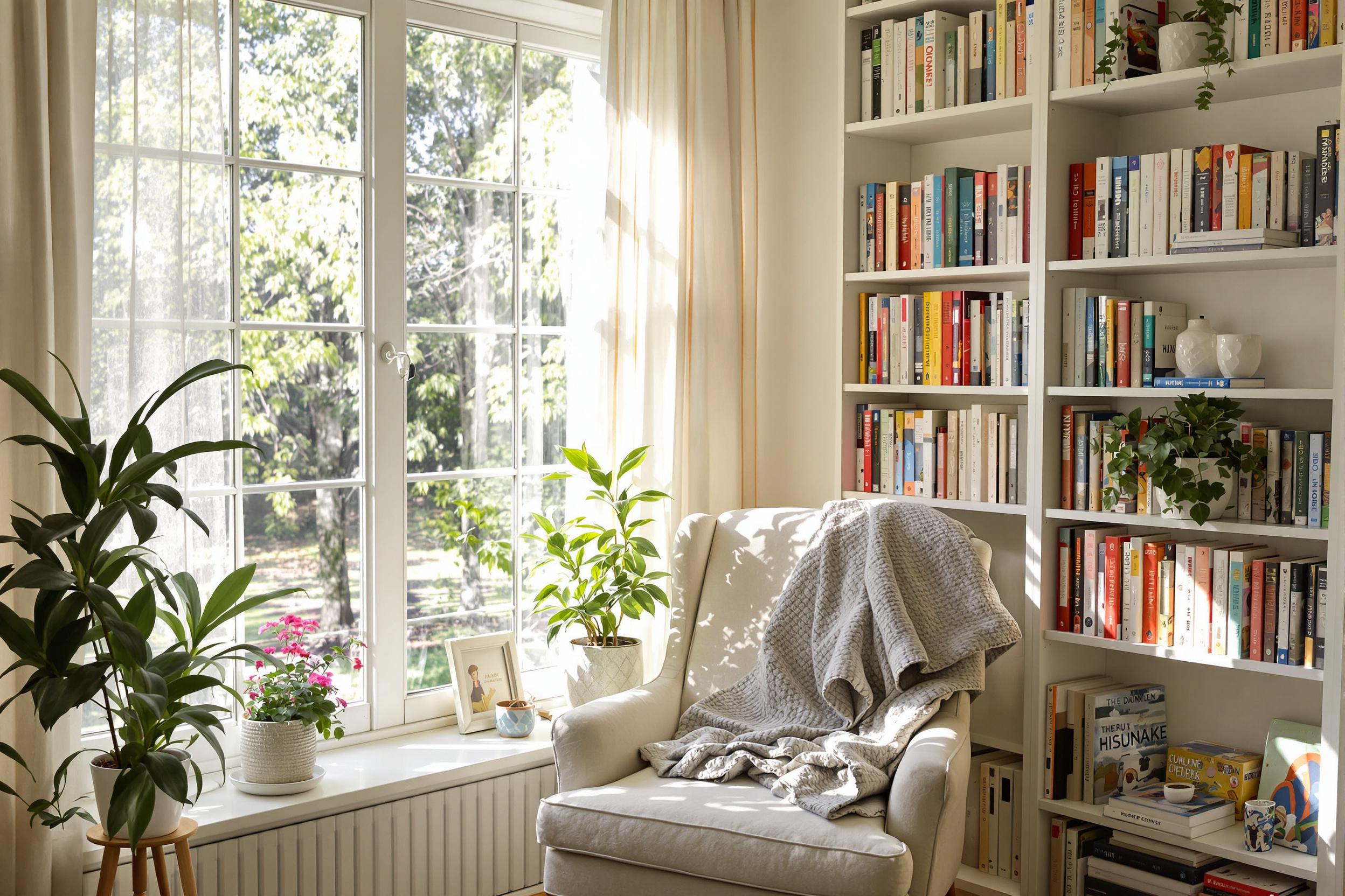 A serene reading nook features a plush armchair nestled beside a large window. Soft sunlight streams through sheer curtains, casting gentle shadows. A well-stocked bookshelf brims with colorful novels, while potted plants add pops of greenery. A cozy blanket drapes over the chair, inviting relaxation on a quiet afternoon.