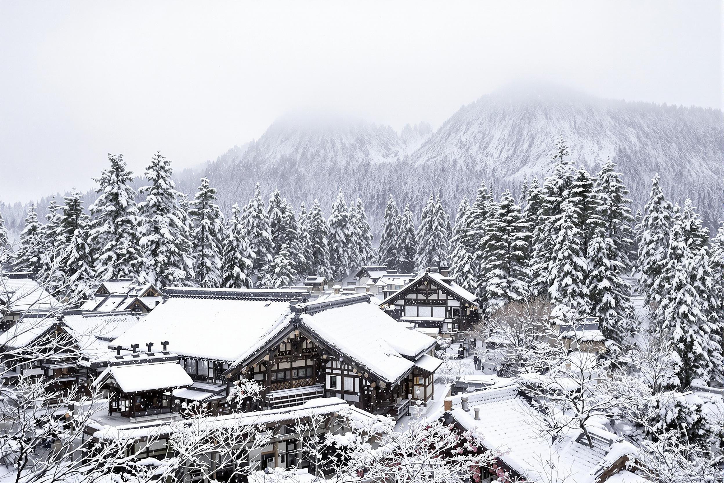 Fresh snowfall blankets the rooftops of a serene Japanese village nestled among towering cedar trees. Intricately carved wooden structures stand resilient against the cold, their dark hues contrasting with pure white snow. Lazy flakes drift down from overcast skies, while distant mist obscures a rising mountainous backdrop, adding depth and calm.