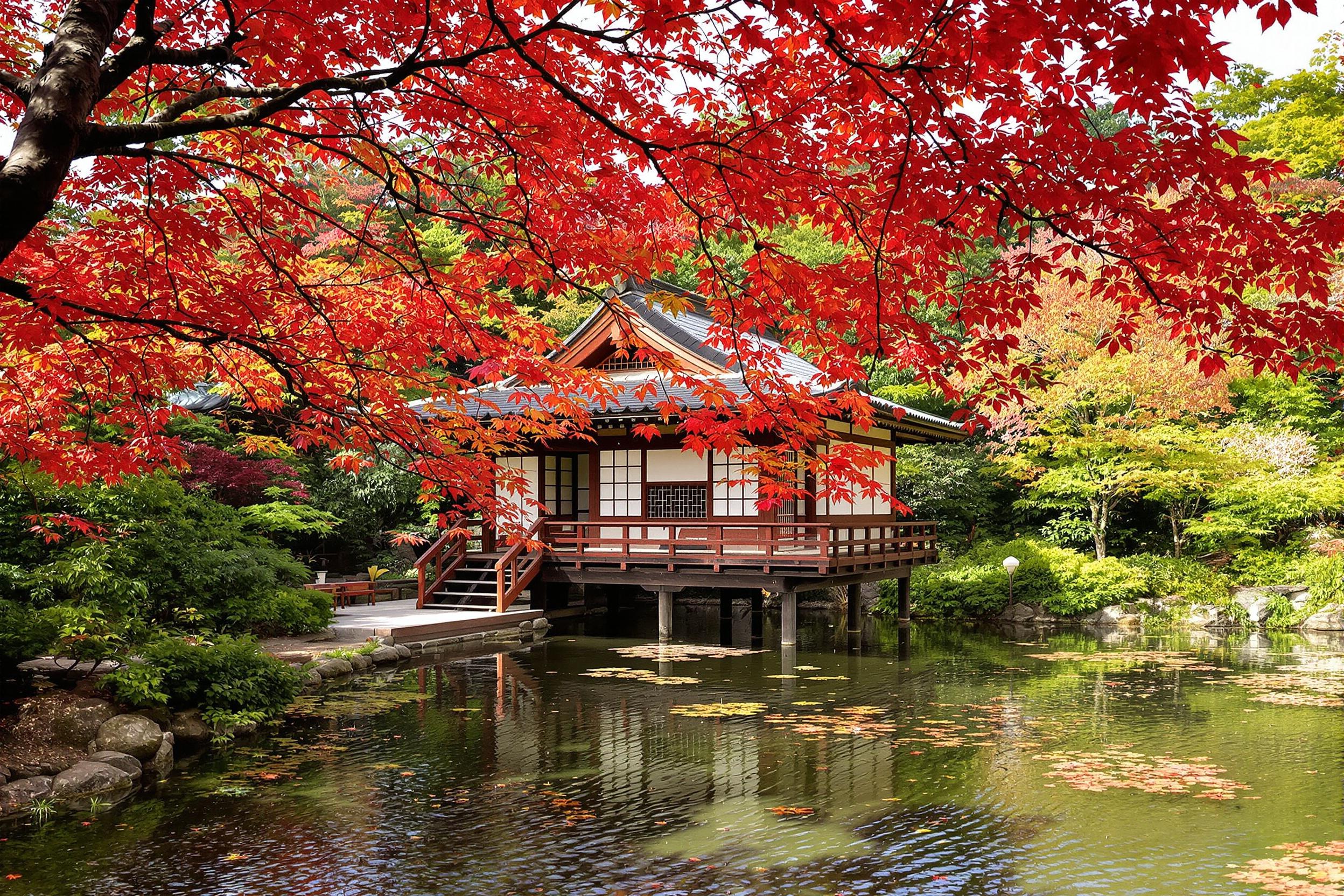 A small, traditional Japanese tea house sits peacefully atop a lush hillside in early autumn. Warm red and orange maple leaves cascade around its dark-wood shoji frame. An intricate koi pond with rippling water lies below, mirroring bright blue skies. Soft, directional light enhances textures of wooden beams and paper screens, lending an authentic cultural charm.