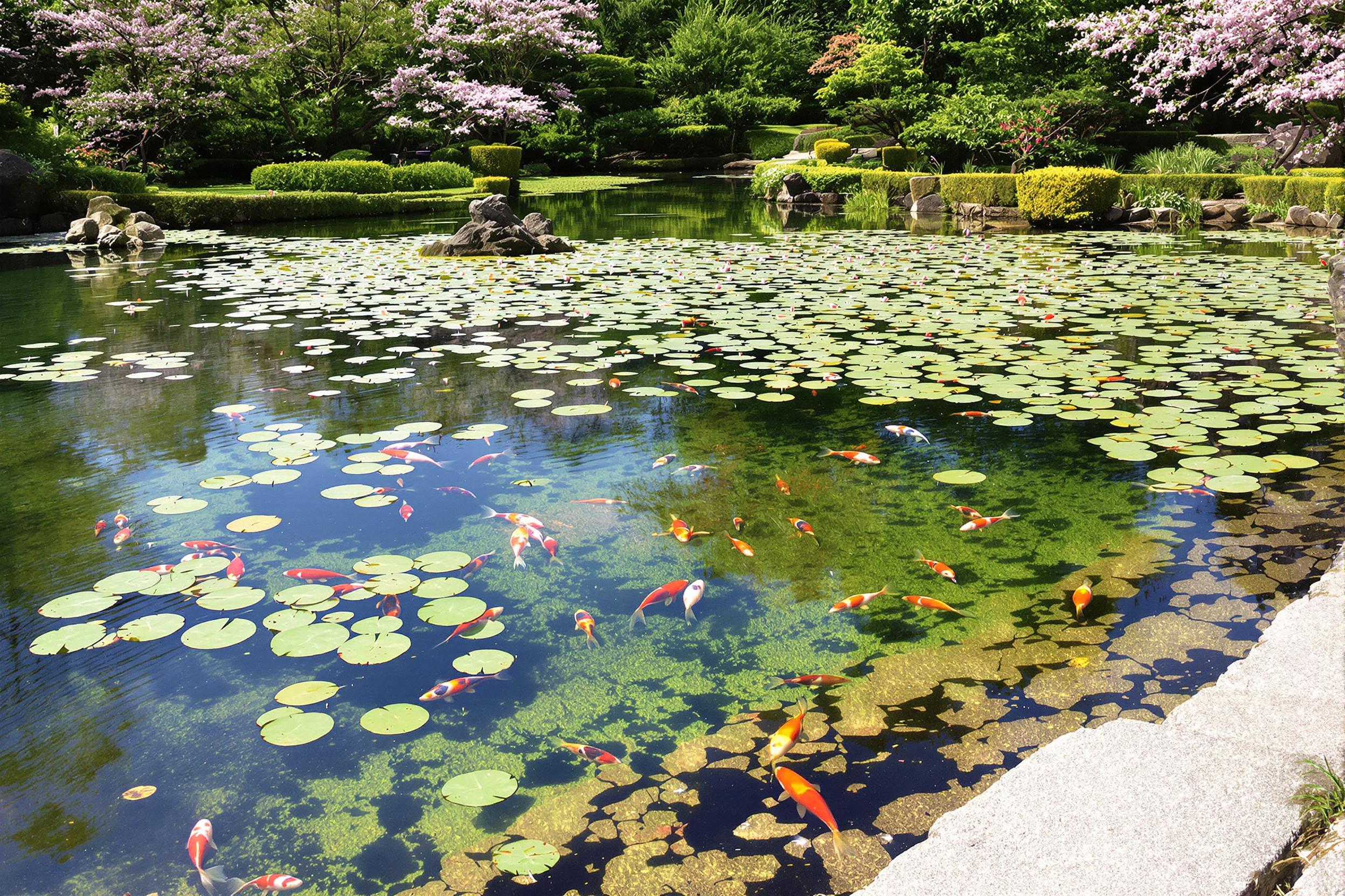 A tranquil Japanese-style garden unfolds under the soft embrace of midday light. A serene pond, speckled with floating lily pads, reflects lush greenery and delicate cherry blossoms. Koi fish glide through crystal-clear water, their vibrant colors contrasting elegantly with the calm setting. Smooth stones line the pathways, guiding visitors through the harmonious landscape.