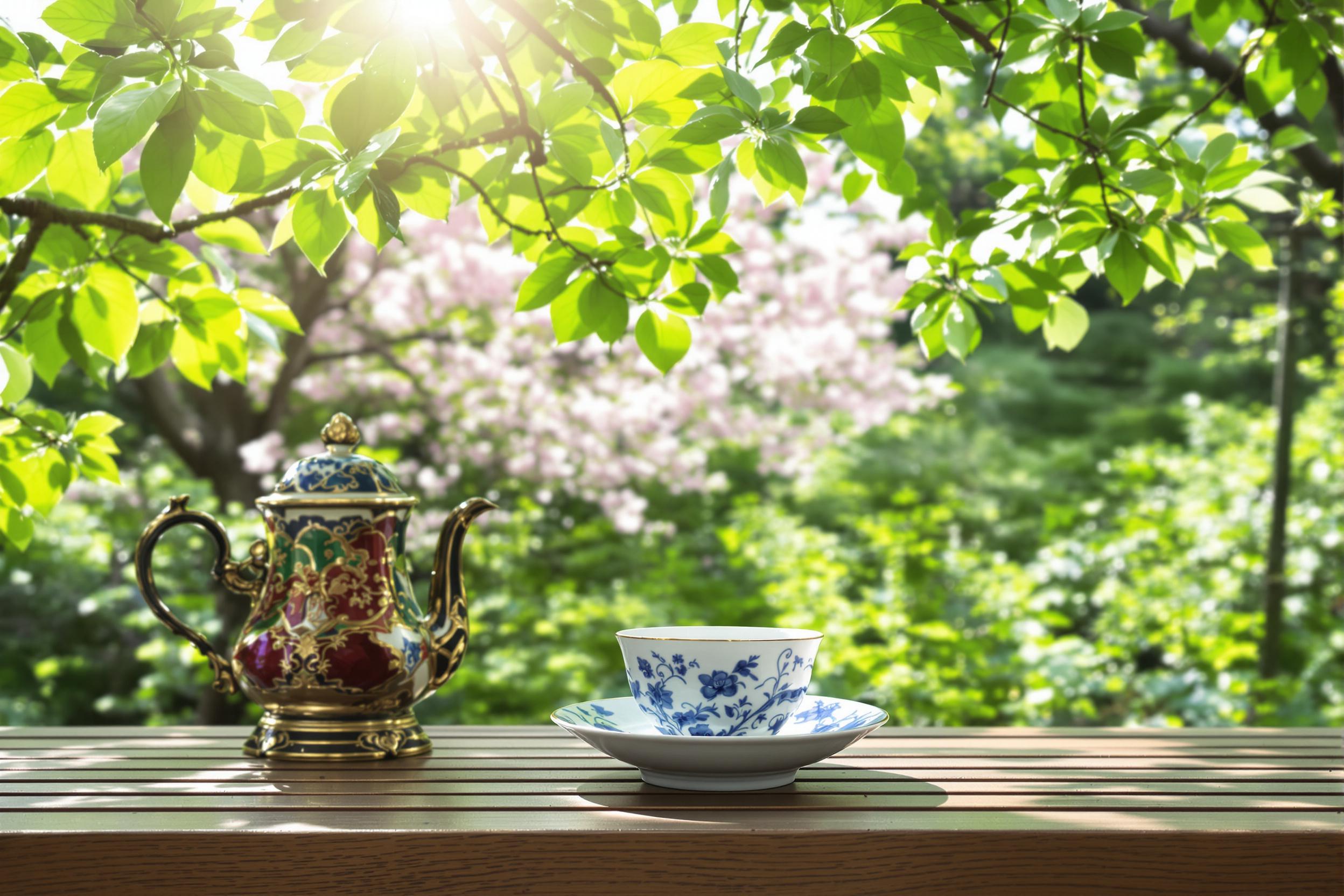 A porcelain teacup sits elegantly on a wooden table in a peaceful Japanese garden. The delicate blue and white patterns are illuminated by soft morning light filtering through the lush green leaves overhead. An ornate teapot rests nearby, accentuating the tranquil ambiance as blossoms gently sway in the breeze.