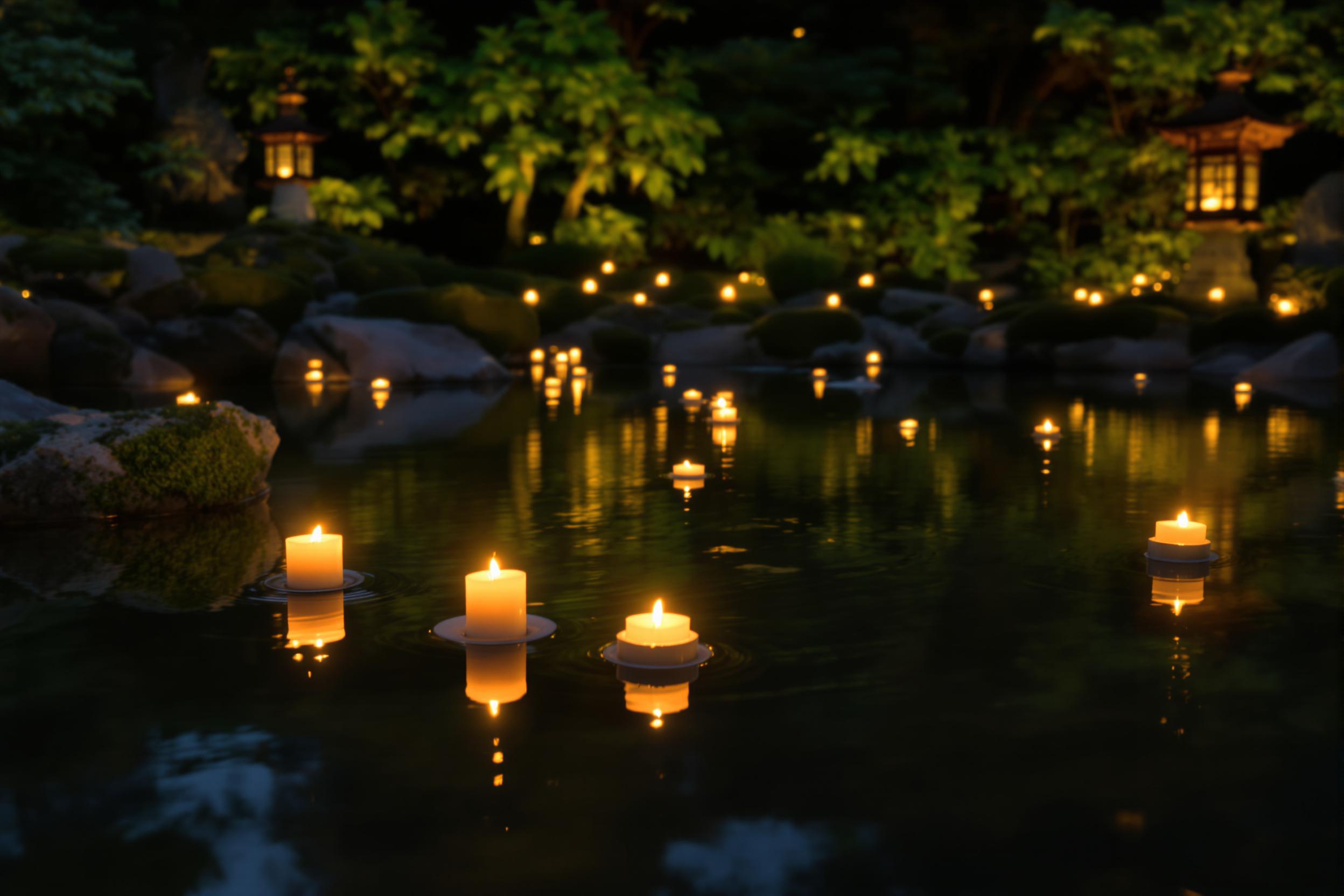 Small, glowing candles float gently on the still surface of a pond in a traditional Japanese garden. Their warm golden light illuminates the surrounding serene waters, creating delicate reflections. The composition is framed by blurred outlines of moss-covered stones and sculpted lanterns, set against lush greenery at twilight.