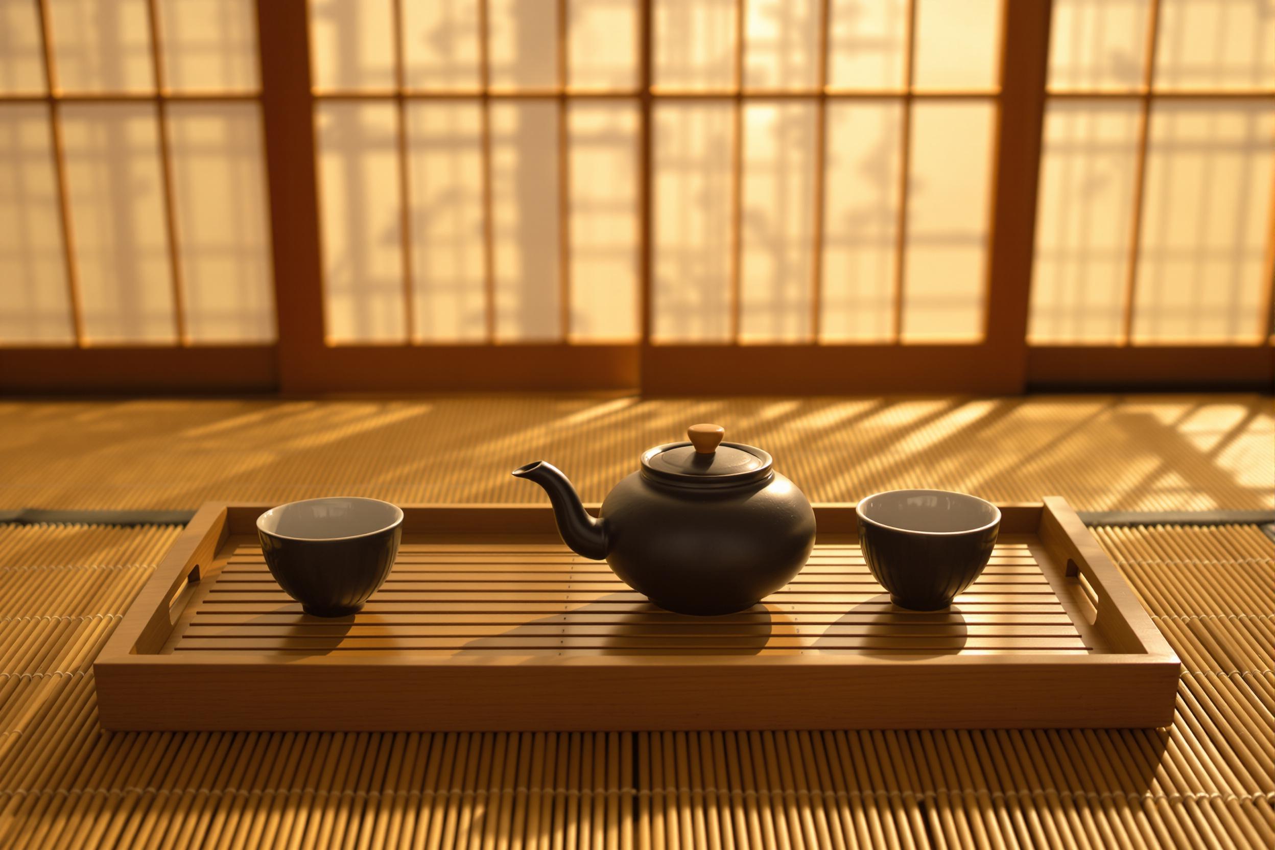 A traditional Japanese tea ceremony unfolds in serene elegance. A simple wooden tray holds a black clay teapot and matching cups, their surfaces glowing in diffuse golden-hour light. Bamboo mats form the base, while delicate shadows fall across shoji screens in the background. Warm, tactile textures evoke a sense of heritage.