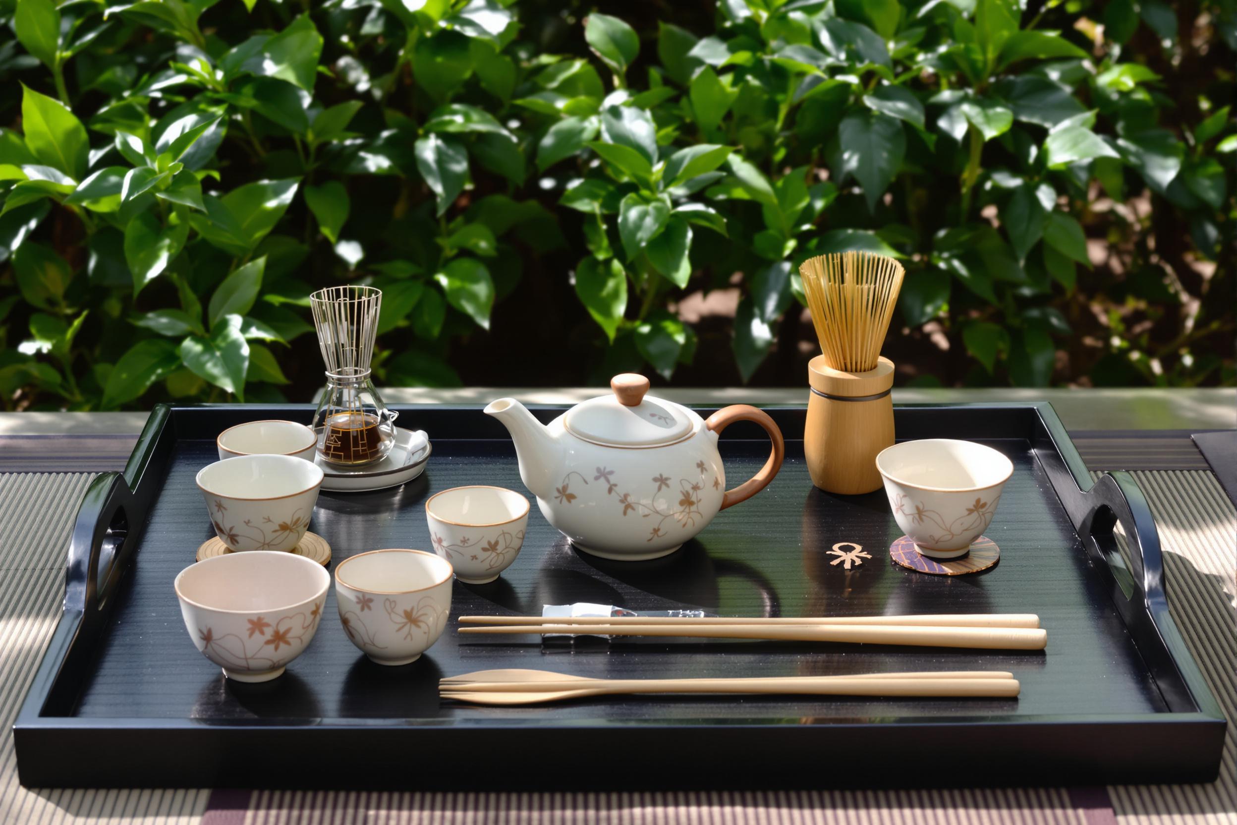 A beautifully arranged traditional Japanese tea ceremony setup features an elegant black lacquer tray adorned with artisanal tea utensils. The teapot, crafted from fine ceramic with delicate patterns, is accompanied by matching cups and a bamboo whisk. Lush greenery frames the scene, while soft, natural light casts gentle shadows, creating a serene and inviting atmosphere.