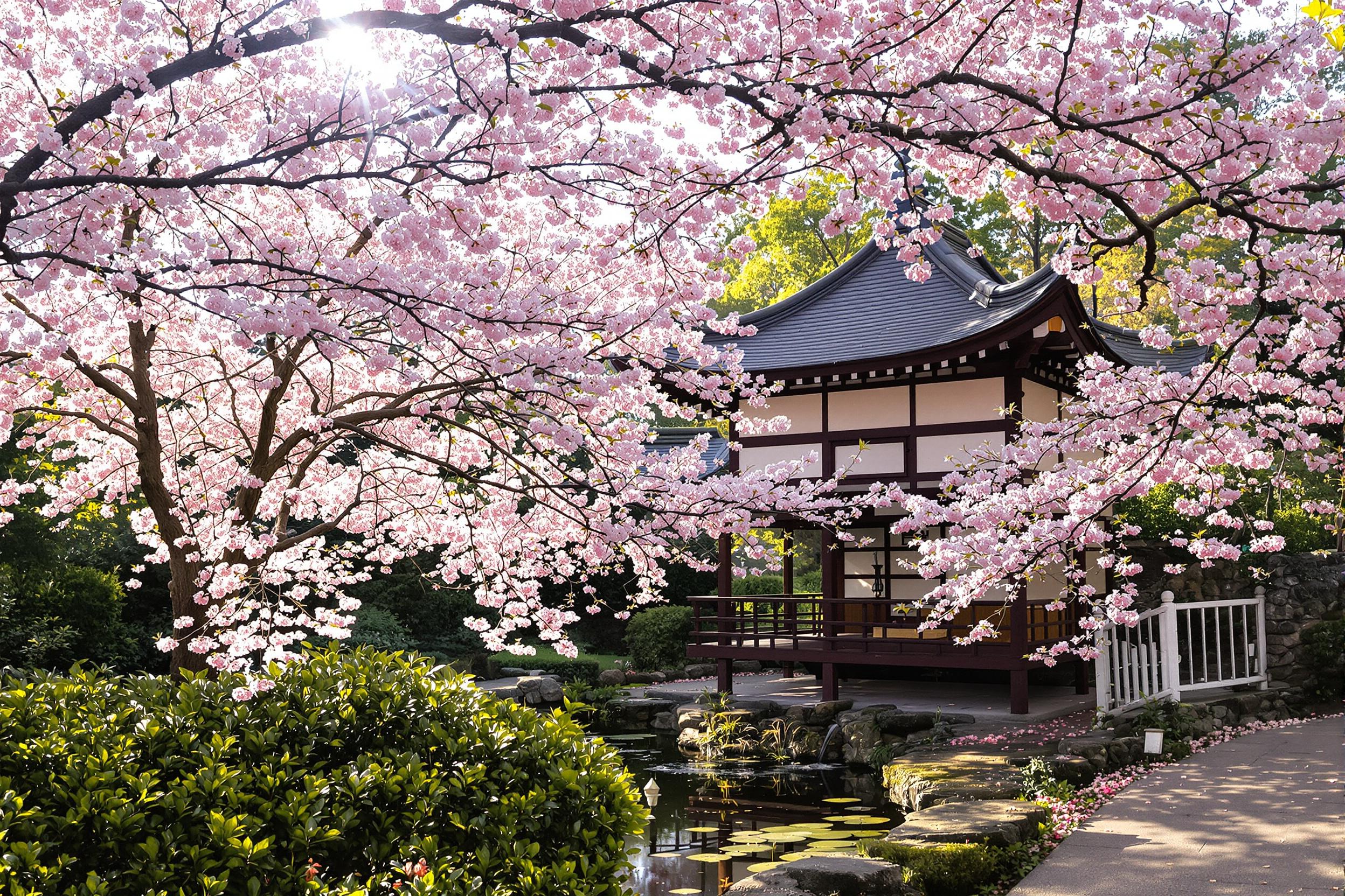 A tranquil garden scene features a traditional Japanese tea house nestled among blooming cherry blossom trees. The warm afternoon sunlight filters through delicate pink petals, casting soft shadows on the stone pathway. Lush greenery surrounds the structure, and a small koi pond reflects the vivid colors of the surroundings, enhancing the peaceful atmosphere.