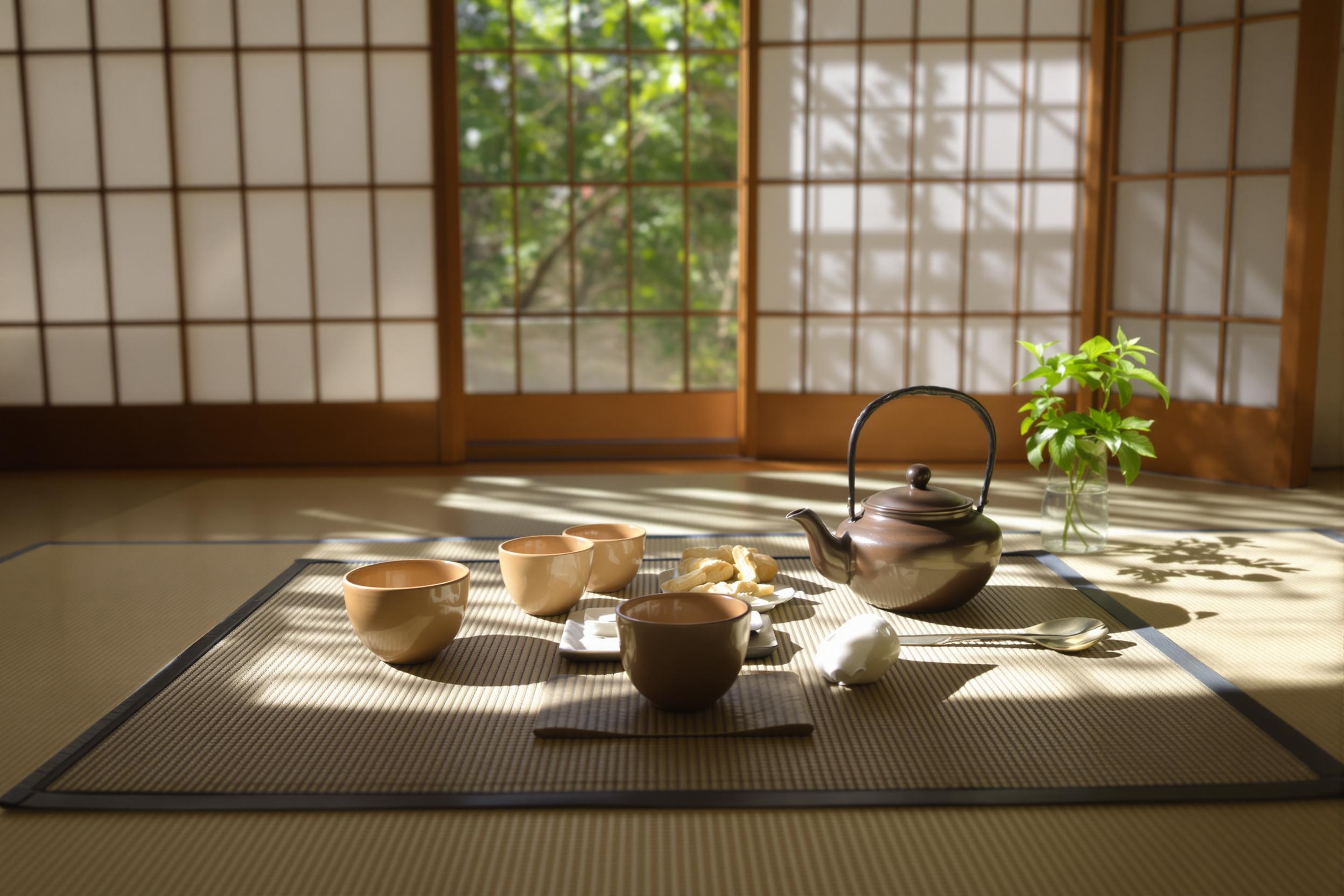 In a tranquil Japanese tatami room, a traditional tea set is arranged neatly on a woven tatami mat. Diffuse sunlight streams through paper shoji screens, casting soft shadows. The earthy tones of ceramic cups and a cast-iron teapot complement the minimalist space. Subtle green accents from fresh foliage enhance the serene balance.