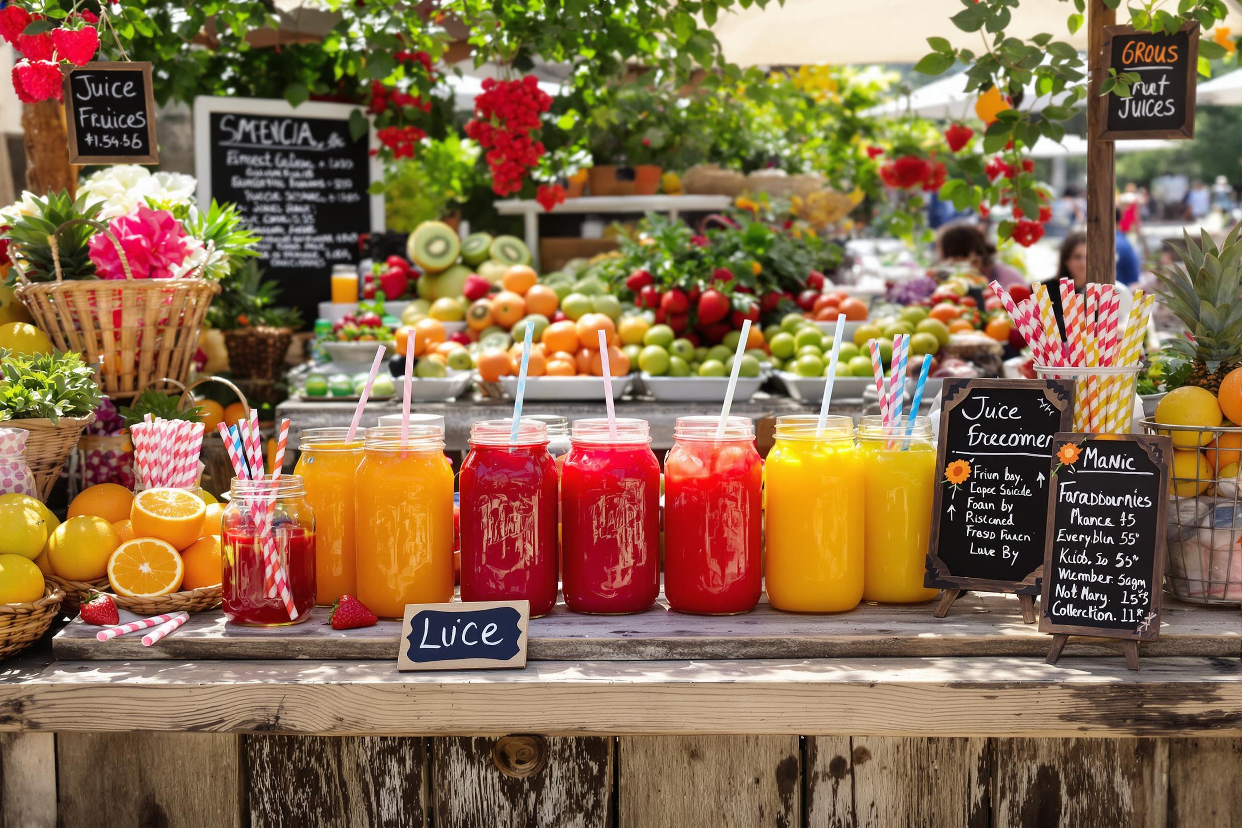 An outdoor juice bar radiates freshness under the bright midday sun. Colorful jars of freshly squeezed juice sit on a rustic wooden counter, surrounded by a bounty of fruits like oranges, strawberries, and kiwis. Decorative straws and small chalkboard menus enhance the cheerful atmosphere, inviting customers to explore the vibrant options.