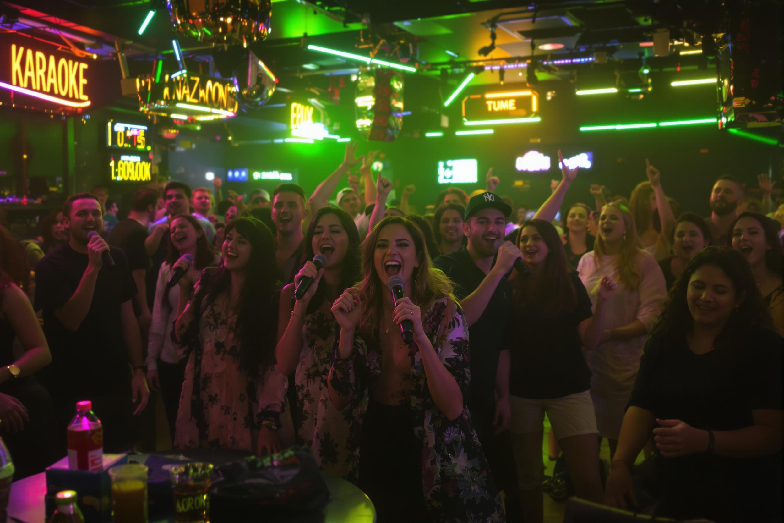 A lively karaoke night unfolds at a bustling bar, filled with colorful neon lights illuminating laughter and excitement. A group of enthusiastic friends stands together, microphones in hand, singing passionately amidst the cheerful crowd. Their animated expressions reflect joy and camaraderie, with drinks and snacks scattered on tables nearby.