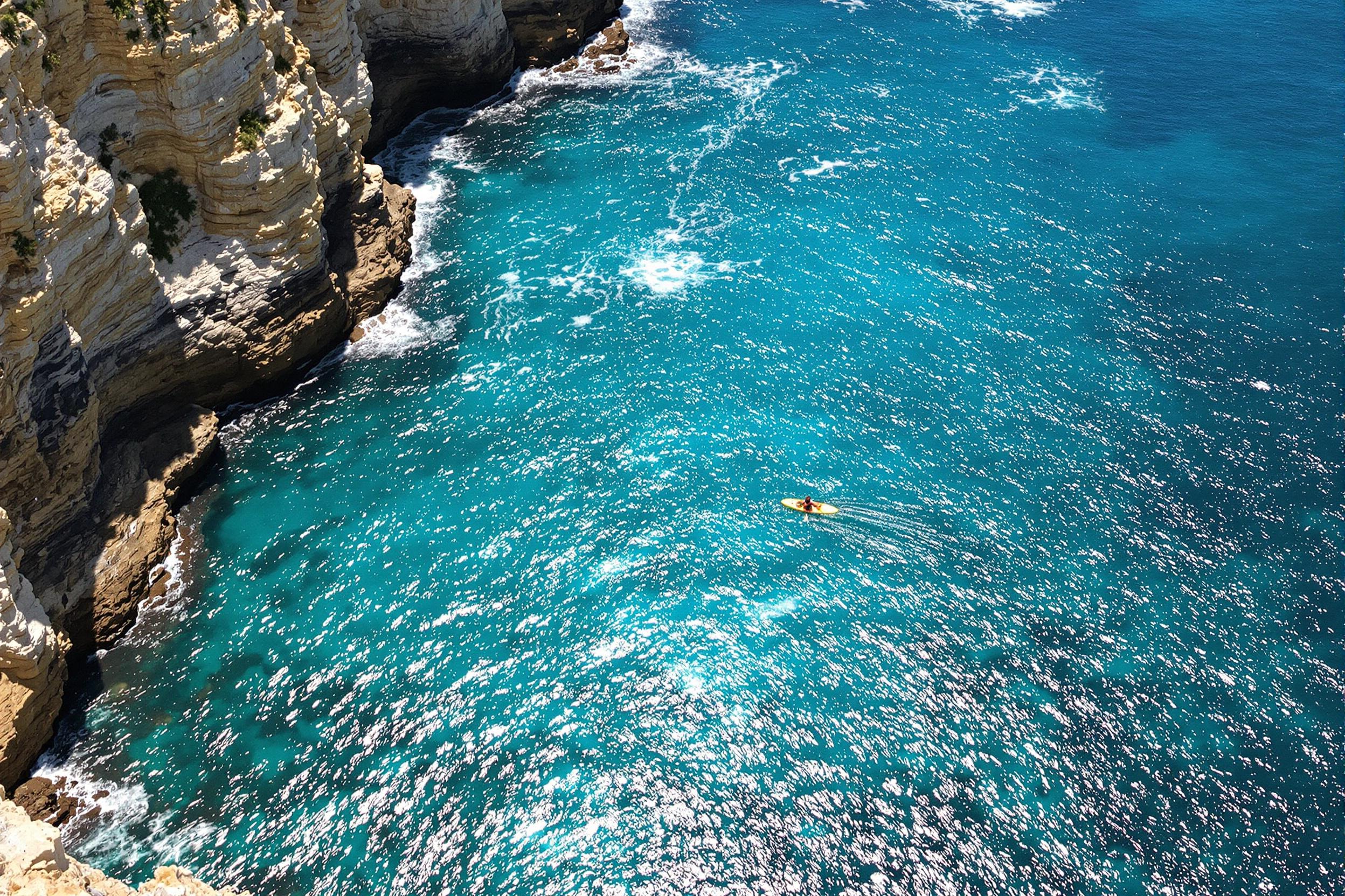 A lone kayaker glides over brilliantly turquoise water surrounded by rugged rocky coastal cliffs. Paddle strokes create swirling ripples against the vivid water's surface, while patches of white foam add texture. Sunlight illuminates the layered mineral hues of the cliffs, contrasting with the azure sea. An elevated view enhances depth and scale.