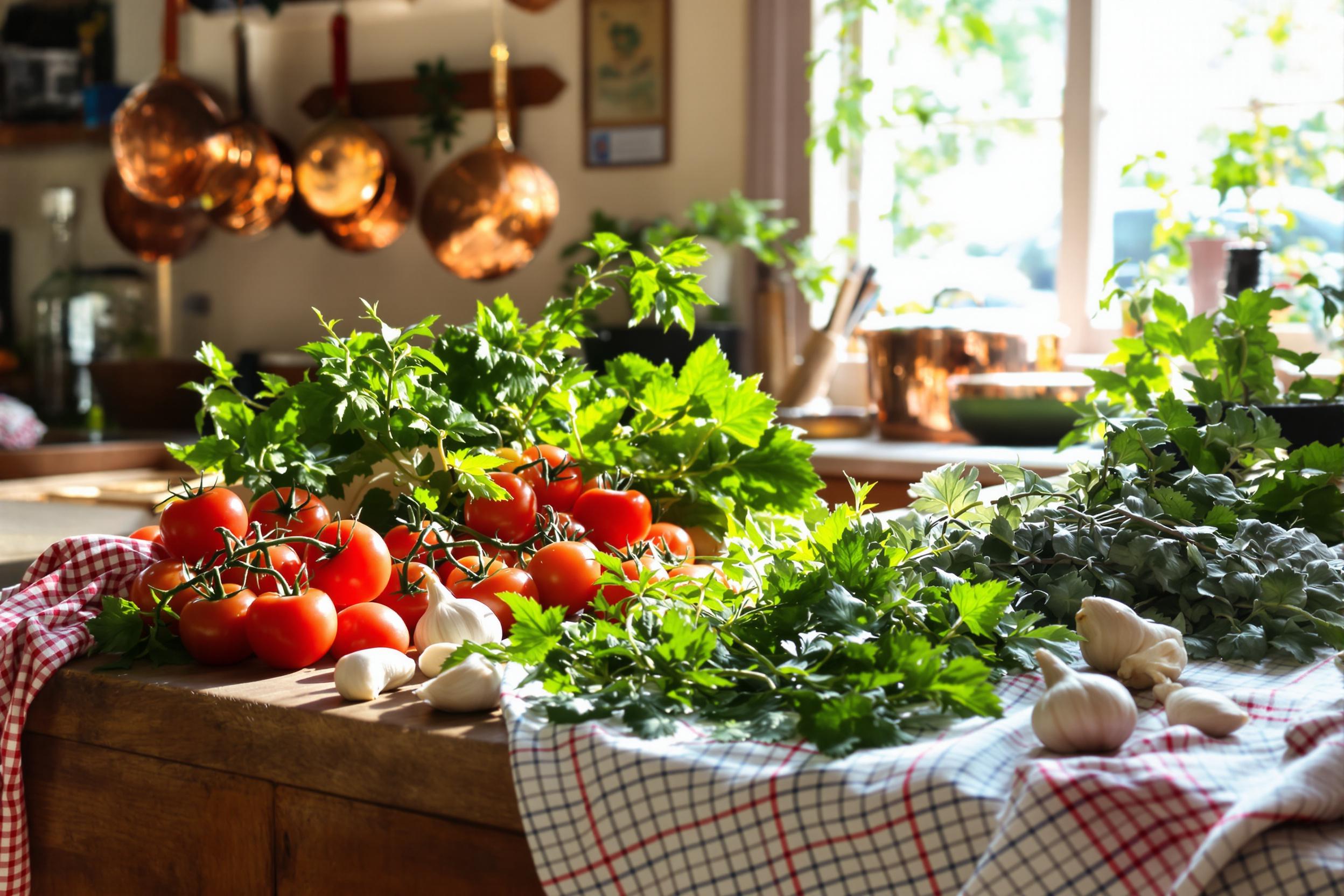 A traditional kitchen scene captures a rustic wooden table adorned with fresh vegetables like tomatoes, herbs, and garlic. Sunlight streams through a nearby window, illuminating the vibrant colors of the produce. Copper cookware hangs in the background, adding warmth to the homey setting. A checked cloth adds a touch of farmhouse charm, creating a welcoming atmosphere.