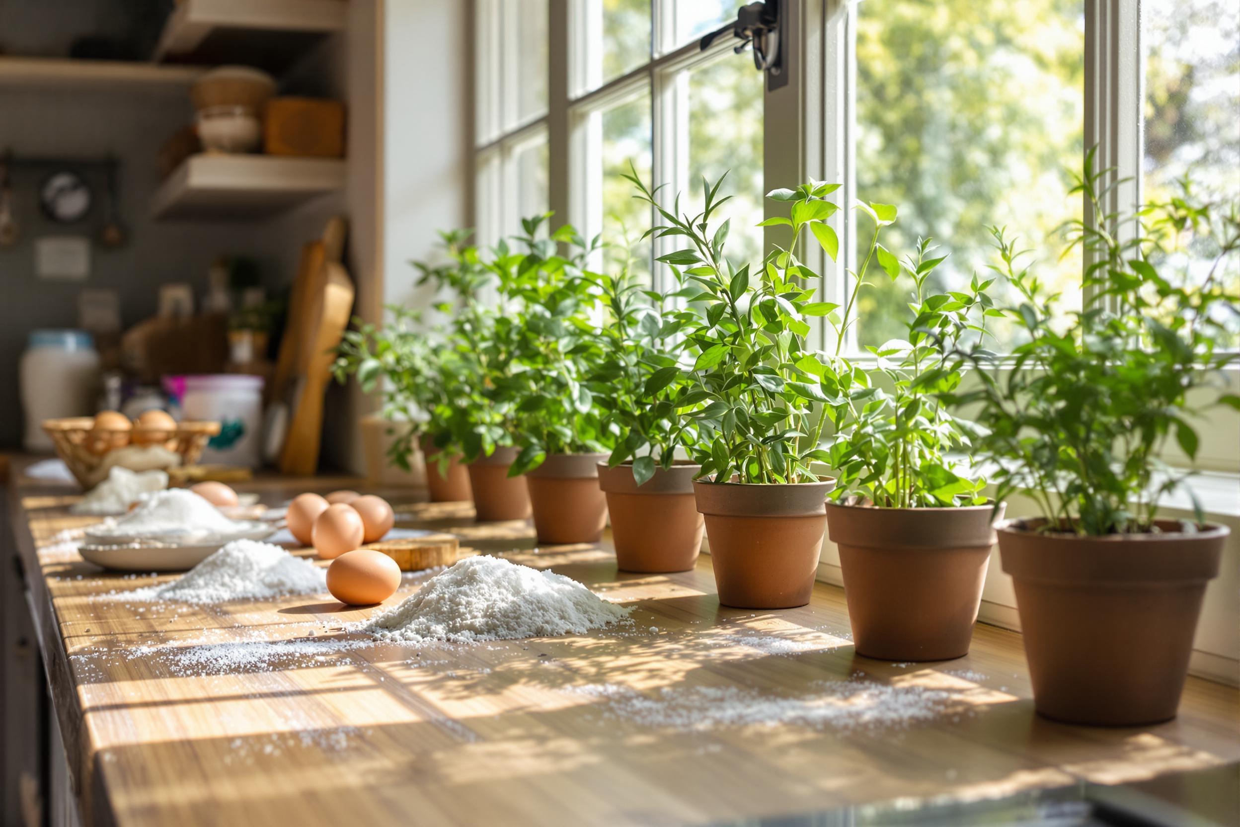 A charming kitchen is illuminated by soft midday light filtering through large windows. Fresh herbs in small pots—basil, rosemary, and thyme—line the window sill, their vibrant green leaves contrasting against a rustic wooden countertop. Various baking ingredients such as flour, sugar, and eggs are neatly arranged, creating a warm, inviting atmosphere reminiscent of homemade cooking.