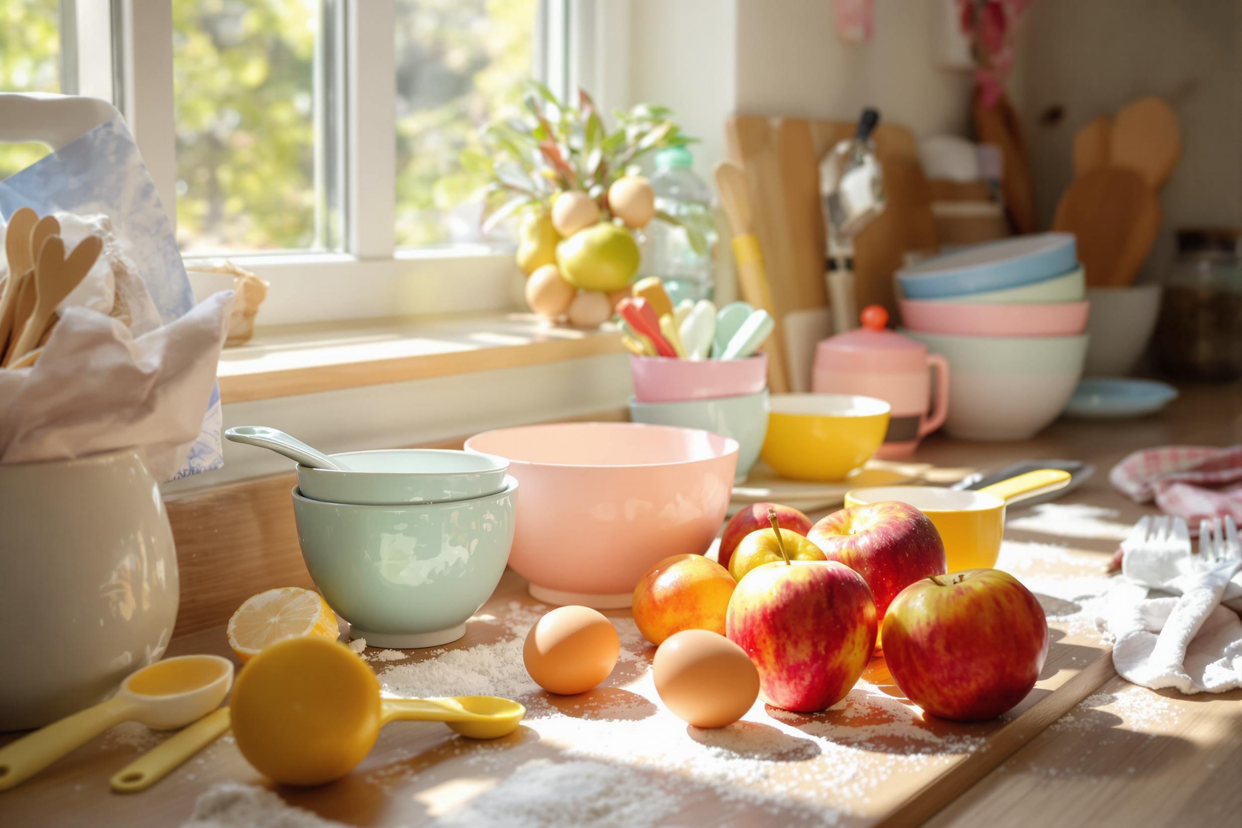 A cozy kitchen scene unfolds with morning light streaming through a window, illuminating a wooden countertop cluttered with baking supplies. Flour dust covers the surface, while mixing bowls and measuring cups in pastel colors create an inviting atmosphere. Freshly cracked eggs sit beside vibrant fruits, hinting at delicious creations, with soft shadows adding depth and warmth.