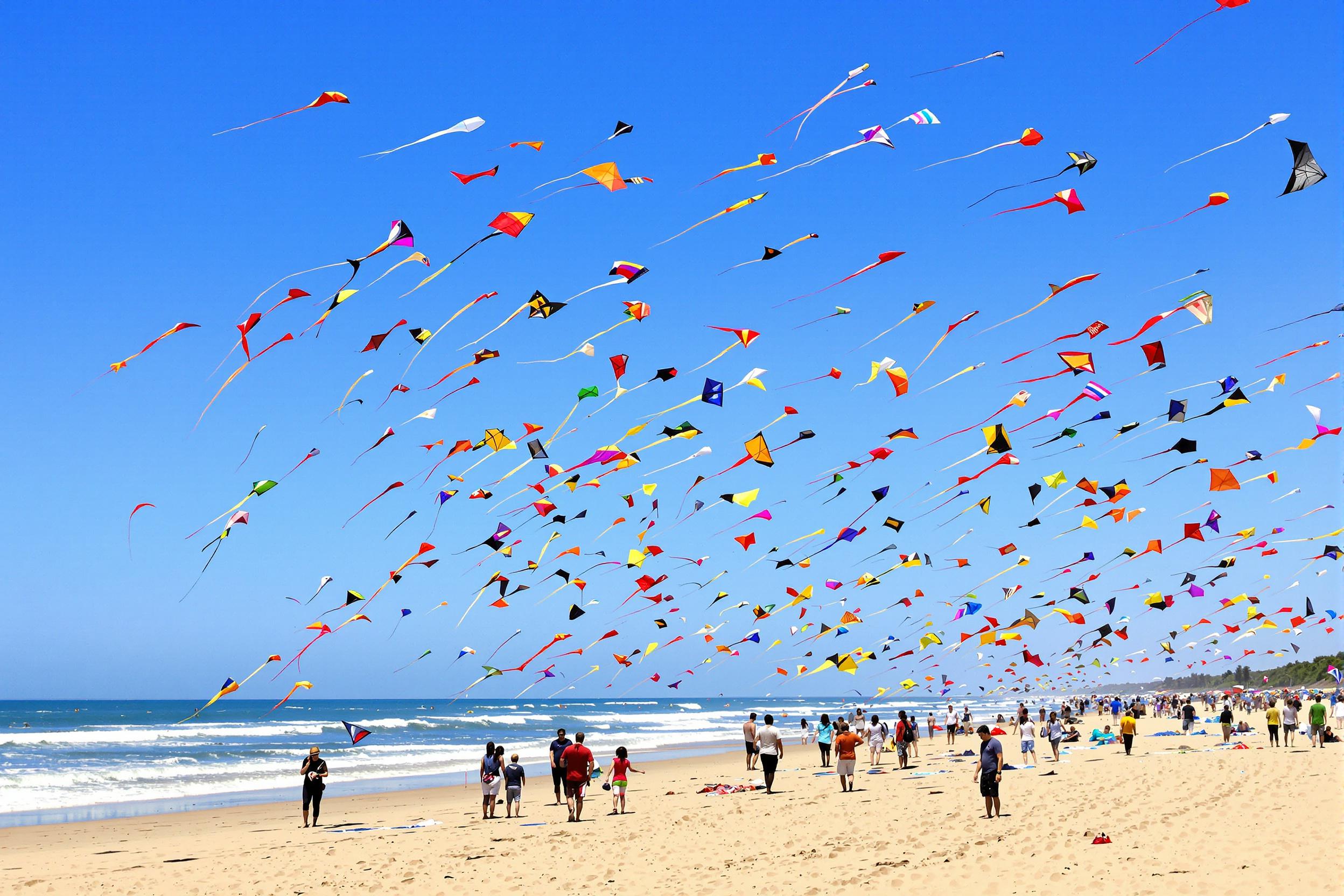 On a bright midday, a colorful kite-flying festival unfolds along the sandy beach. Enthusiastic families and friends eagerly maneuver their kites, creating a mesmerizing display against a clear blue sky. Various shapes and designs float gracefully above, reflecting an array of vibrant colors. The joyful atmosphere fills the air, accompanied by the gentle sound of ocean waves lapping nearby.