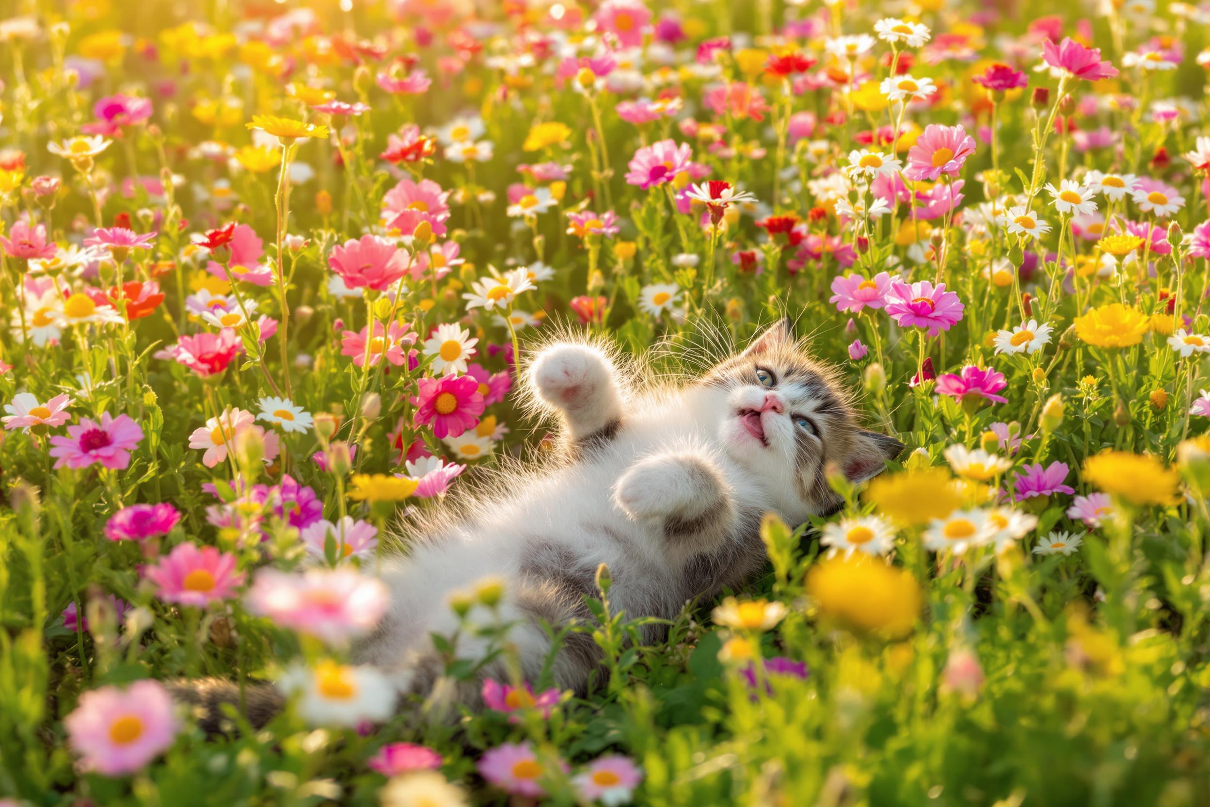 A delightful scene captures a playful kitten rolling joyfully through a vibrant meadow of wildflowers. The soft golden light of late afternoon bathes the scene, enhancing the array of colors from pinks to yellows among the blooms. The kitten's fur, a mix of gray and white, contrasts beautifully against the lively backdrop, showcasing its playful antics amidst nature.