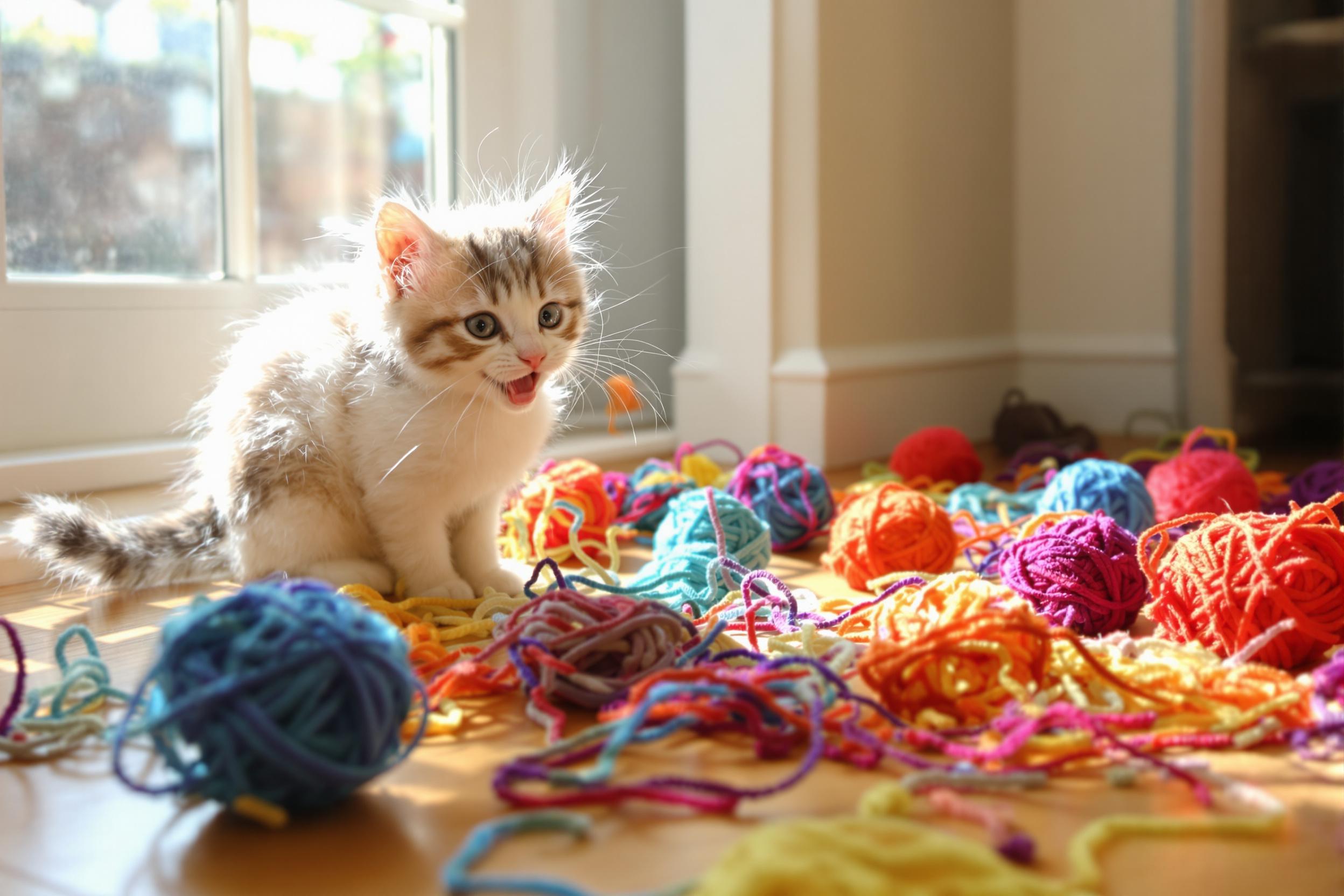 A playful kitten engages with vibrant, colorful yarn balls scattered across a sunlit living room floor. The little feline, with its fluffy fur and curious gaze, bats playfully at the strands of yarn, creating a joyful scene. Sunlight filters through a nearby window, illuminating the kitten and casting soft shadows on the warm wooden floor.