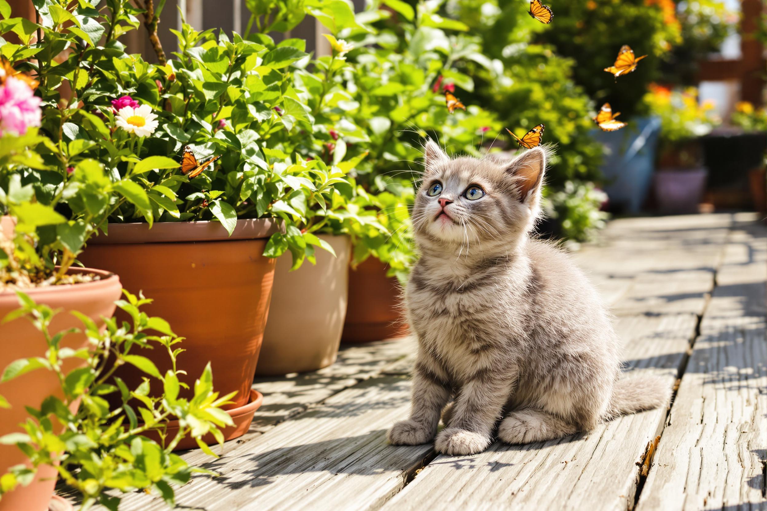 A playful gray kitten sits on a sun-drenched balcony, surrounded by vibrant green potted plants. Its wide eyes gleam with curiosity as it gazes at fluttering butterflies nearby. The texture of its soft fur contrasts against the rough wooden floor, while warm sunlight bathes the scene in a cheerful glow, enhancing the lively atmosphere of this charming moment in urban living.